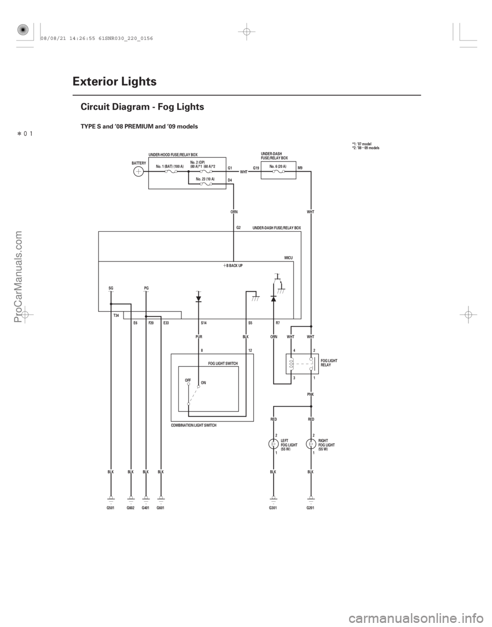 ACURA CSX 2006  Service Owners Guide Î
(#

)
´
µ
TYPE S and ’08 PREMIUM and ’09 models
22-154Exterior Lights
Circuit Diagram - Fog Lights
E33
BLK
BLK PG
F20
E6
T34
SG
BLK BLK BBAC