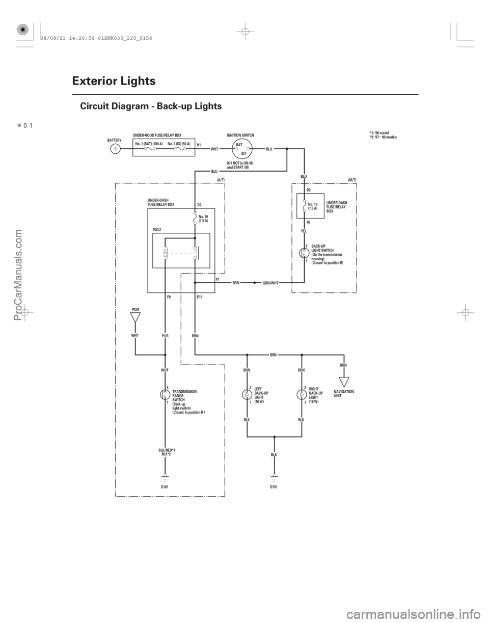 ACURA CSX 2006  Service Owners Guide Î
(#


)
µ
22-156Exterior Lights
Circuit Diagram - Back-up Lights
F6 D2
D2
BRN
BRN BRN
1 4 BRN
E15
F9
MICU
BLU
BLU
(A/T)
BLK (M/T)
WHT PUR
WHT
G101 G