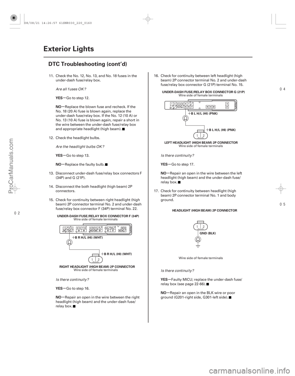 ACURA CSX 2006  Service Repair Manual 

´
´ ´
´
µ
µ
µ
µ
µ
µ µ
µ
µ
µ
YES
NO
YES
NO
YES
NO
YES
NO
YES
NO
22-158Exterior Lights
DTC Troubleshooting (cont’d)
UNDER-DASH FUSE/RELAY BOX CONNECTOR F (34P