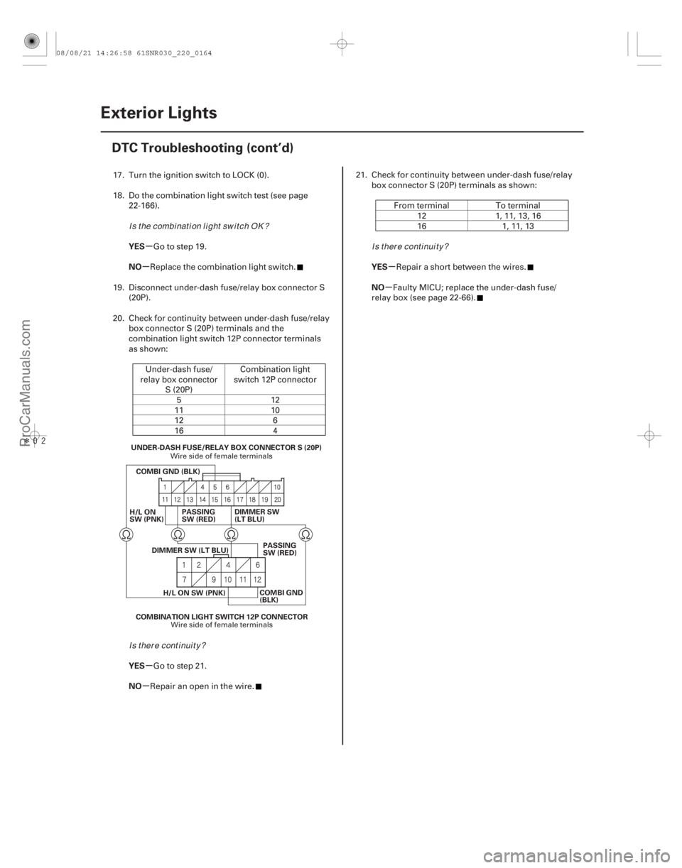 ACURA CSX 2006  Service Repair Manual Îµ
µ
µ
µ µ
µ
YES
NO
YES
NO YES
NO
22-162
Exterior Lights
DTC Troubleshooting (cont’d)
COMBINATION LIGHT SWITCH 12P CONNECTOR
COMBI GND (BLK)
H/L ON
SW (PNK) UNDER-DASH FUSE/RELAY B