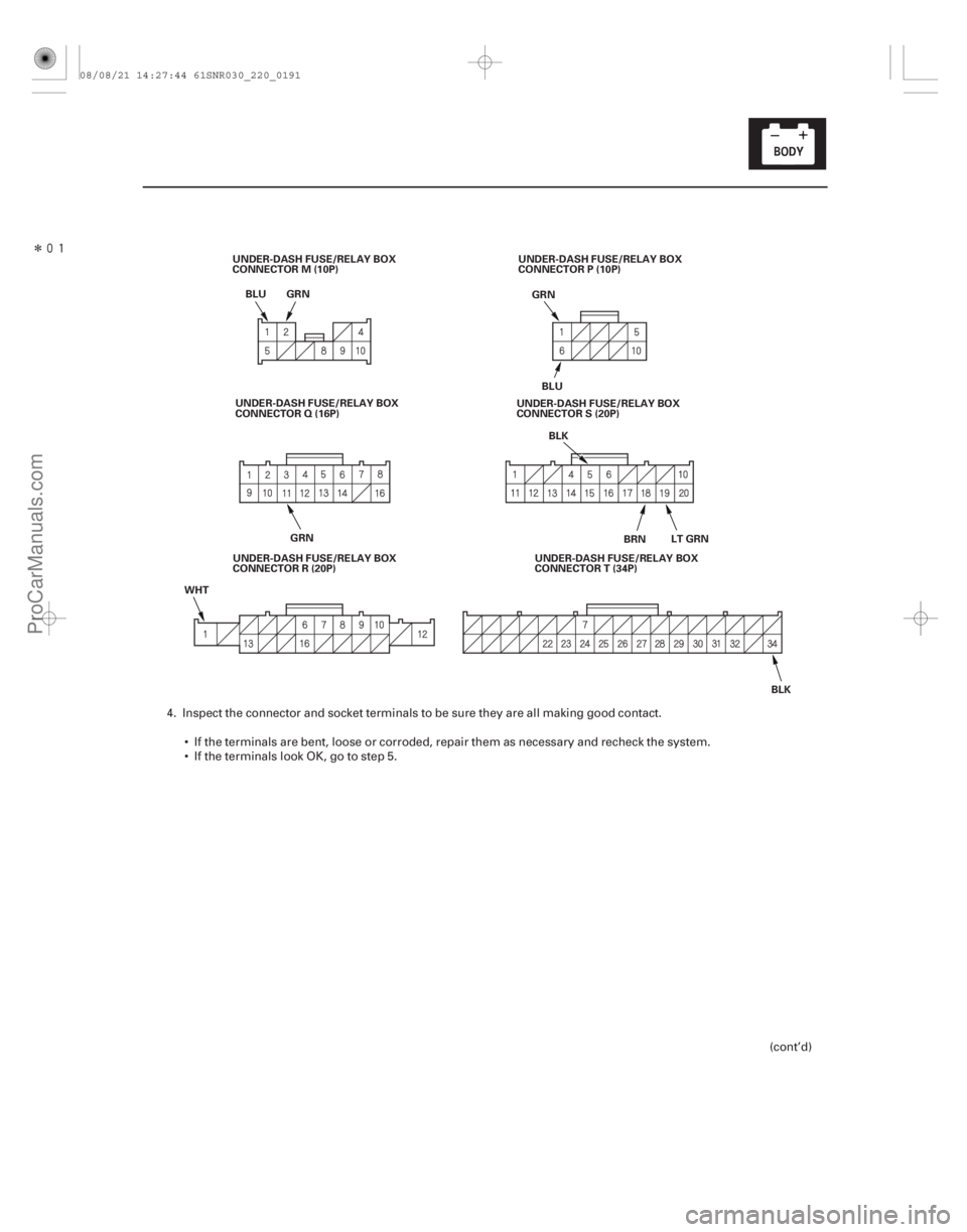 ACURA CSX 2006  Service Repair Manual Î
22-189
UNDER-DASH FUSE/RELAY BOX
CONNECTOR M (10P)UNDER-DASH FUSE/RELAY BOX
CONNECTOR P (10P)
UNDER-DASH FUSE/RELAY BOX
CONNECTOR Q (16P) UNDER-DASH FUSE/RELAY BOX
CONNECTOR S (20P)
UNDER-DASH