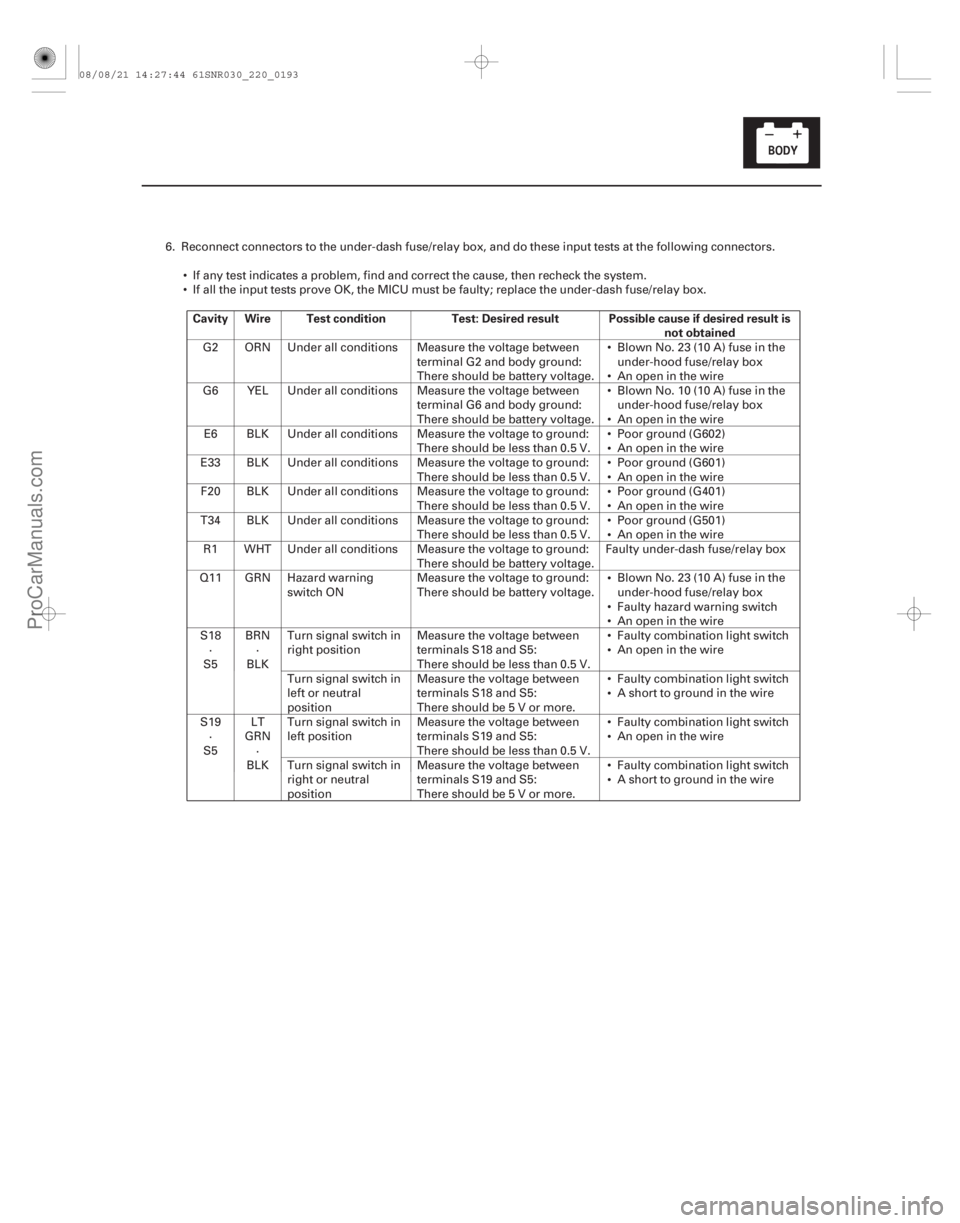 ACURA CSX 2006  Service Repair Manual Cavity Wire Test conditionTest: Desired result Possible cause if desired result is
not obtained
22-191
6. Reconnect connectors to the under-dash fuse/relay box, and do these input tests at the followi