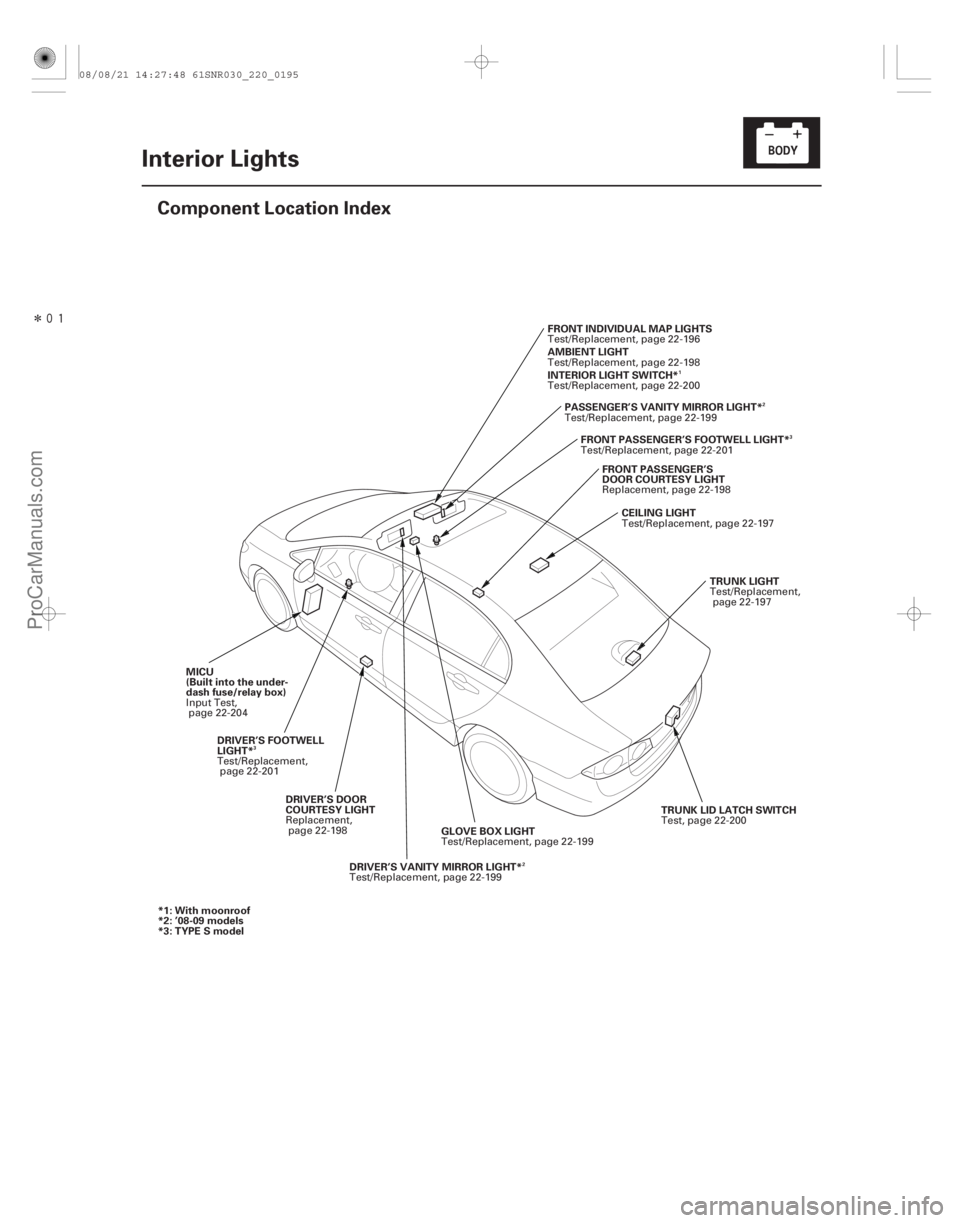 ACURA CSX 2006  Service Repair Manual Î
(#)
22-193
Interior Lights
Component Location Index
TRUNK LIGHT
FRONT INDIVIDUAL MAP LIGHTS
AMBIENT LIGHT
INTERIOR LIGHT SWITCH*
TRUNK LID LATCH S