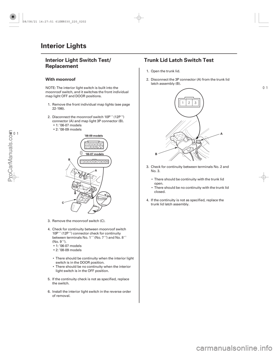 ACURA CSX 2006  Service Repair Manual Î
(#
) 
(#
)
With moonroof
22-20022-200 Interior Lights
Interior Light Switch Test/
Replacement
Tru