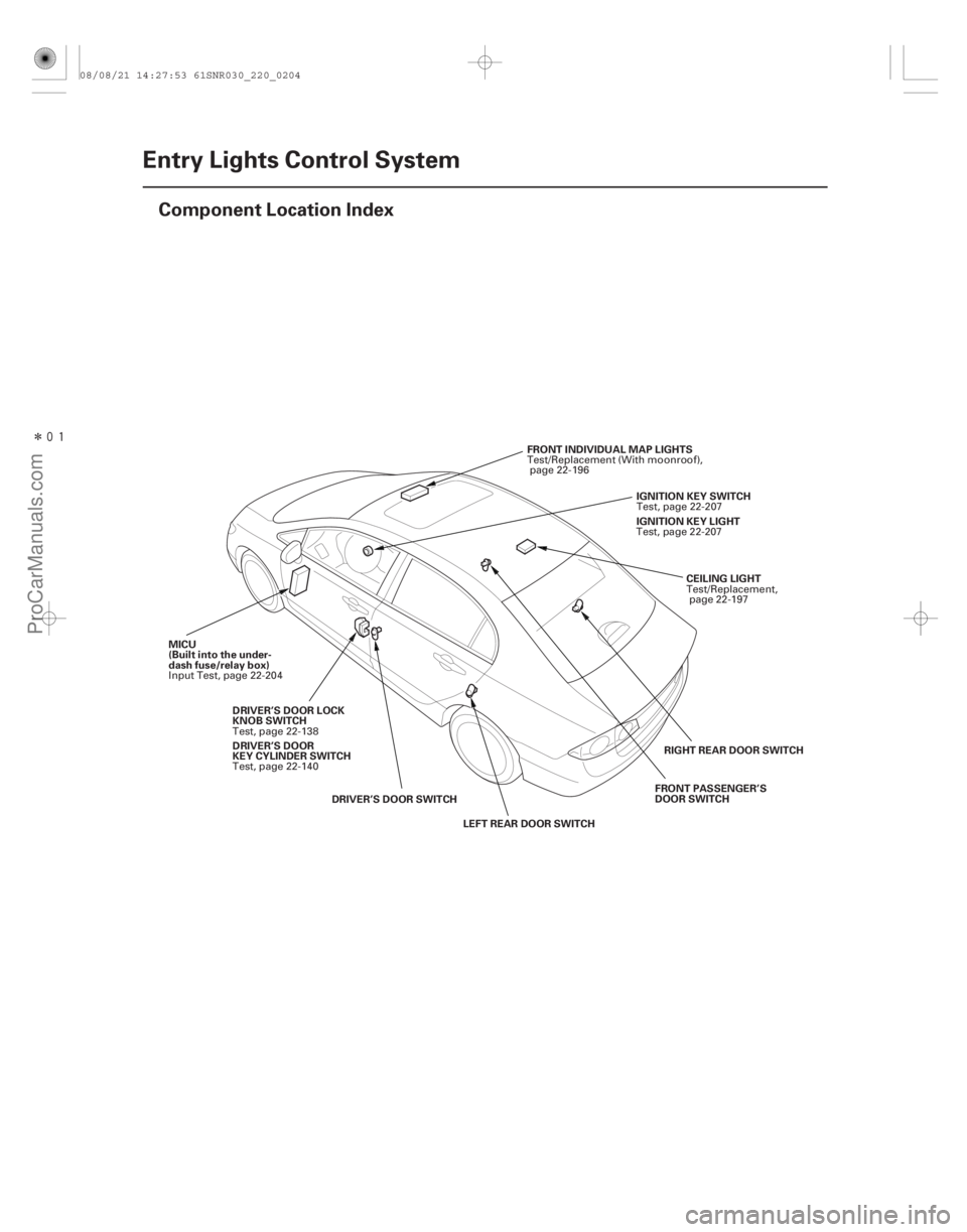 ACURA CSX 2006  Service Repair Manual Î
(#)
22-202Entry Lights Control System
Component Location Index
CEILING LIGHT
FRONT INDIVIDUAL MAP LIGHTS
MICU
(Built into the under-
dash fuse/rel