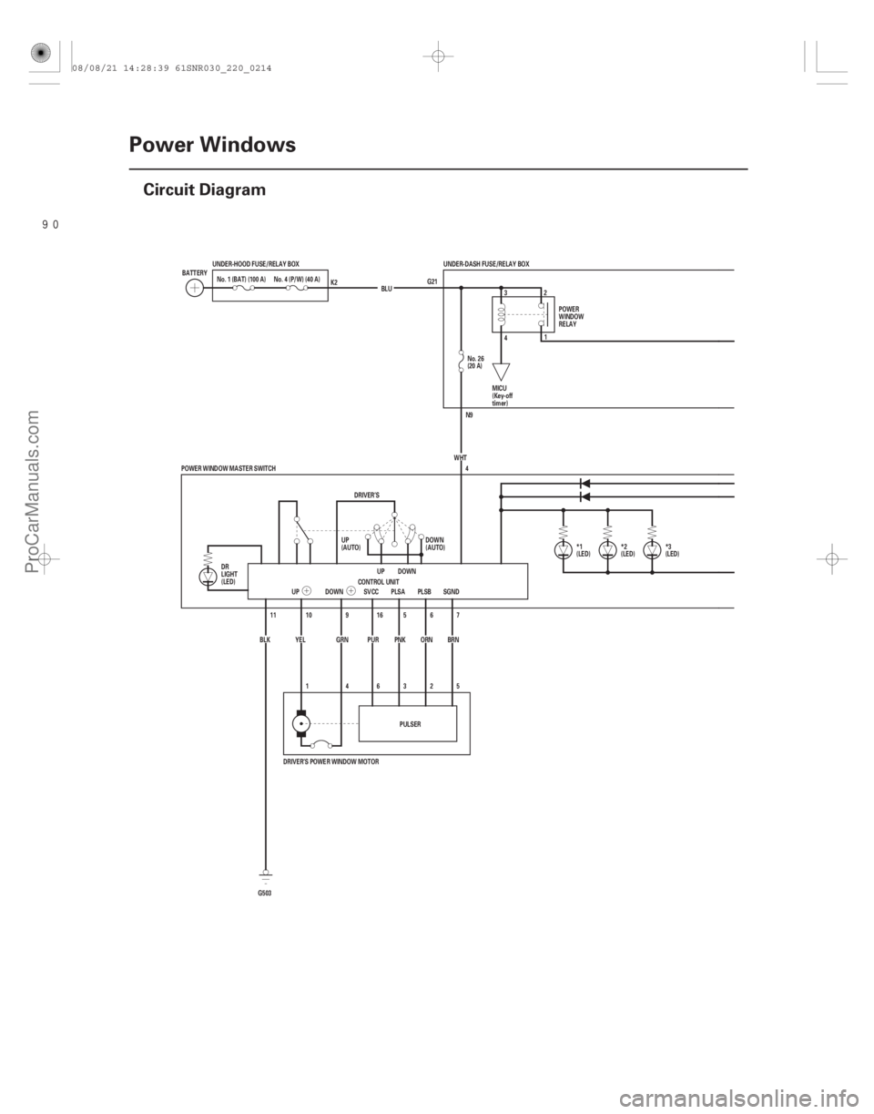 ACURA CSX 2006  Service Repair Manual (#)
22-212Power Windows
Circuit Diagram
G21
N9
5
2
3
6
4
1
11
(LED) *3
(LED)
*1 *2 (LED)
UNDER-DASH FUSE/RELAY BOX
BLU
No. 4 (P/W) (40 A)
UNDER-HOOD 