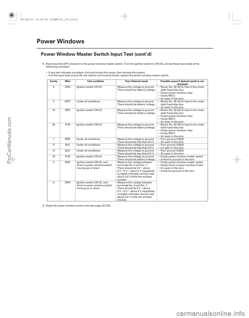 ACURA CSX 2006  Service Repair Manual µ
µµ
µ
µµ
Cavity Wire Test condition Test: Desired result Possible cause if desired result is not
obtained
22-216Power Windows
Power Window Master Switch Input Test (cont’d)
5. Reconnect