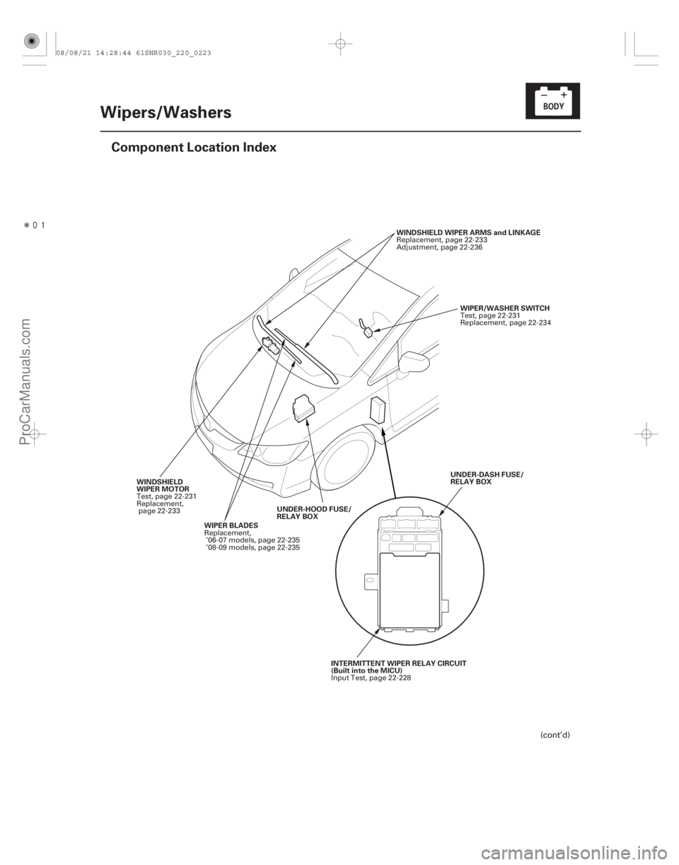 ACURA CSX 2006  Service Repair Manual Î
(#)
22-221
Wipers/Washers
Component Location Index
WIPER/WASHER SWITCH
WINDSHIELD WIPER ARMS and LINKAGE
WIPER BLADES UNDER-HOOD FUSE/
RELAY BOX
W