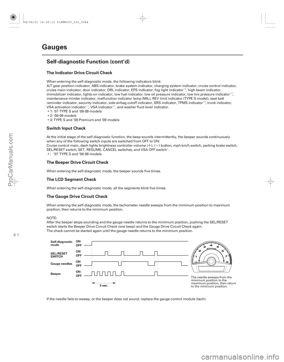 ACURA CSX 2006  Service Repair Manual ´µ

The Indicator Drive Circuit Check
Switch Input Check
The Beeper Drive Circuit Check
The LCD Segment Check
The Gauge Drive Circuit Check
22-242Gauges
Self-diagnostic Function (cont’d)
OFF