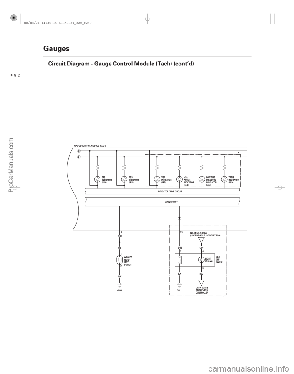 ACURA CSX 2006  Service Repair Manual Î
22-248Gauges
Circuit Diagram - Gauge Control Module (Tach) (cont’d)
GAUGE CONTROL MODULE (TACH)
ED
BLUYEL
BLK
G401 2 1
8 MAIN CIRCUIT
INDICATOR DRIVE CIRCUIT
EPS
INDICATOR
(LED)
LOW TIRE
PRE