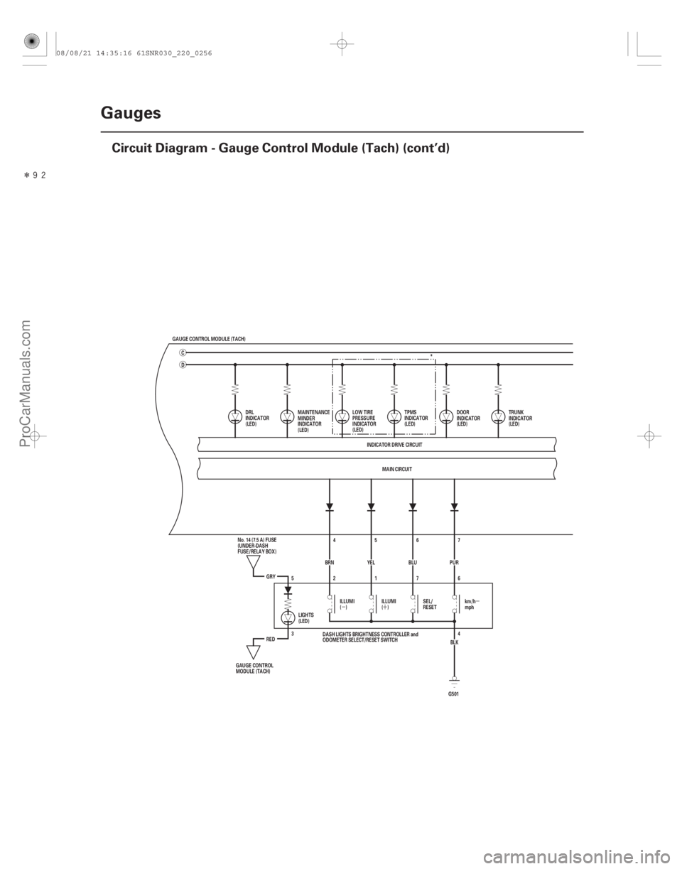 ACURA CSX 2006  Service Repair Manual Î
µ´µ
22-254Gauges
Circuit Diagram - Gauge Control Module (Tach) (cont’d)
GAUGE CONTROL MODULE (TACH)
D
MAIN CIRCUIT
INDICATOR DRIVE CIRCUIT
DRL
INDICATOR
(LED)
DOOR
INDICATOR
(LED)TRUNK