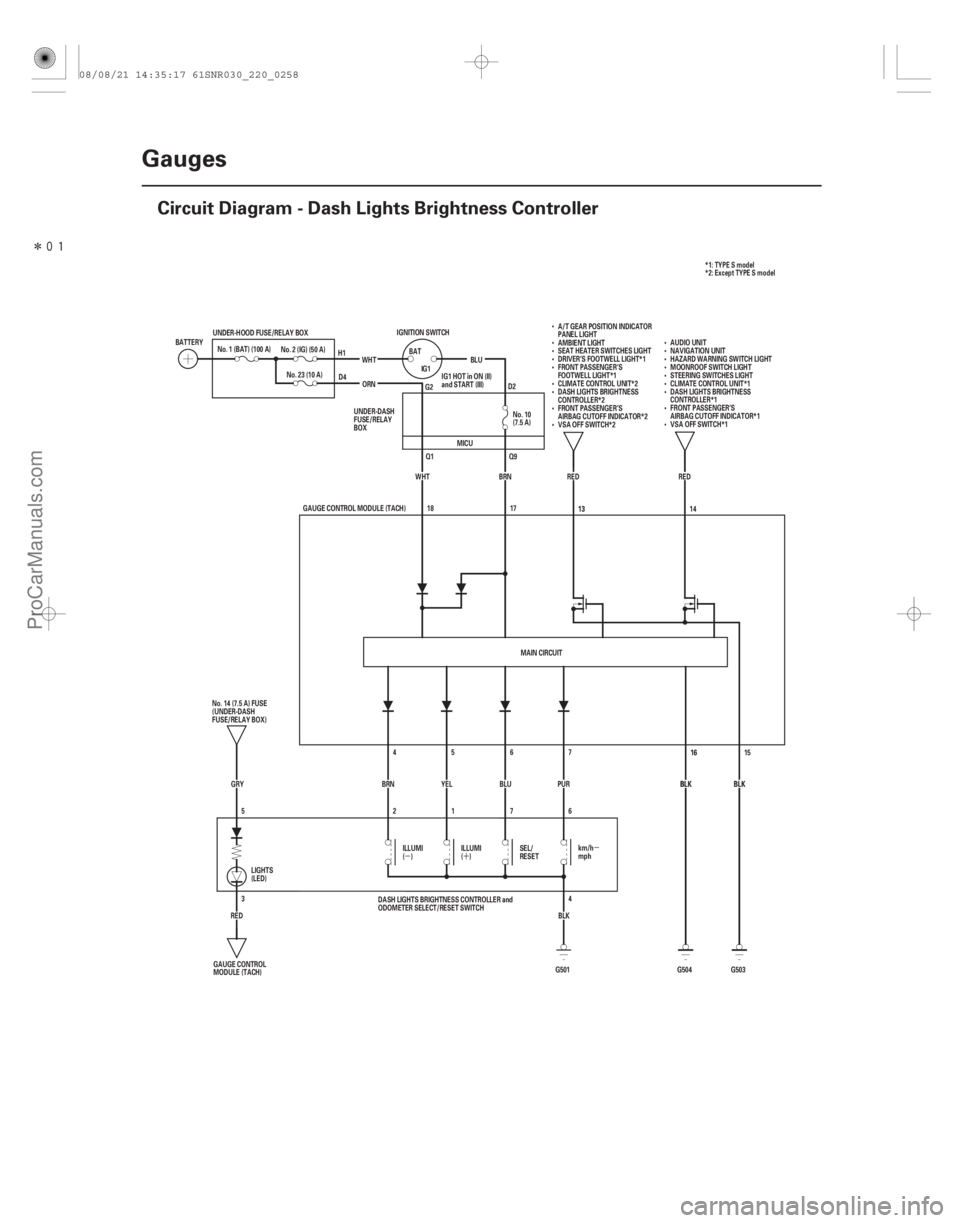 ACURA CSX 2006  Service Repair Manual Î
(#
)
µ
´
µ
22-256 Gauges
Circuit Diagram - Dash Lights Brightness Controller
RED
GRY
BRN45
YEL 6
BLU 7
PUR
BLK
2176
4
G501 13
RED
14
16
BLK B