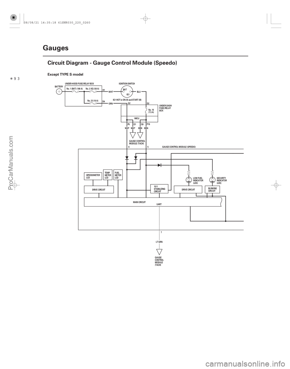 ACURA CSX 2006  Service Repair Manual Î(#
)
 Except TYPE S model
22-258Gauges
Circuit Diagram - Gauge Control Module (Speedo)
UART
No. 10
(7.5 A)
No. 1 (BAT) (100 A)
IGNITION SWITCH
BATTE
