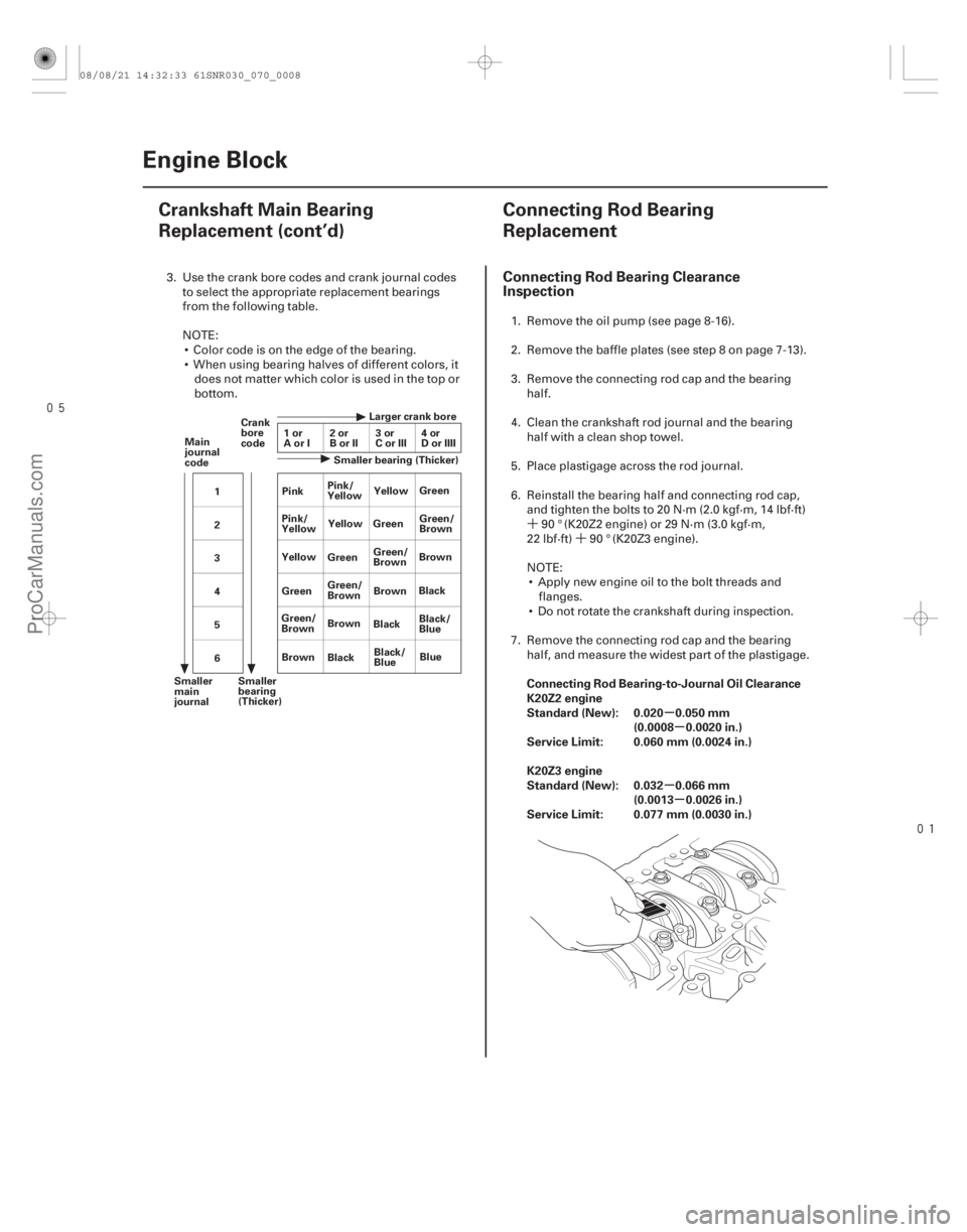 ACURA CSX 2006  Service Repair Manual ´´

(#



 ) µ
µ
µ µ
Connecting Rod Bearing Clearance
Inspection
Connecting Rod Bearing-to-Journal Oil Clearance
K20Z2 engine
Standard (Ne