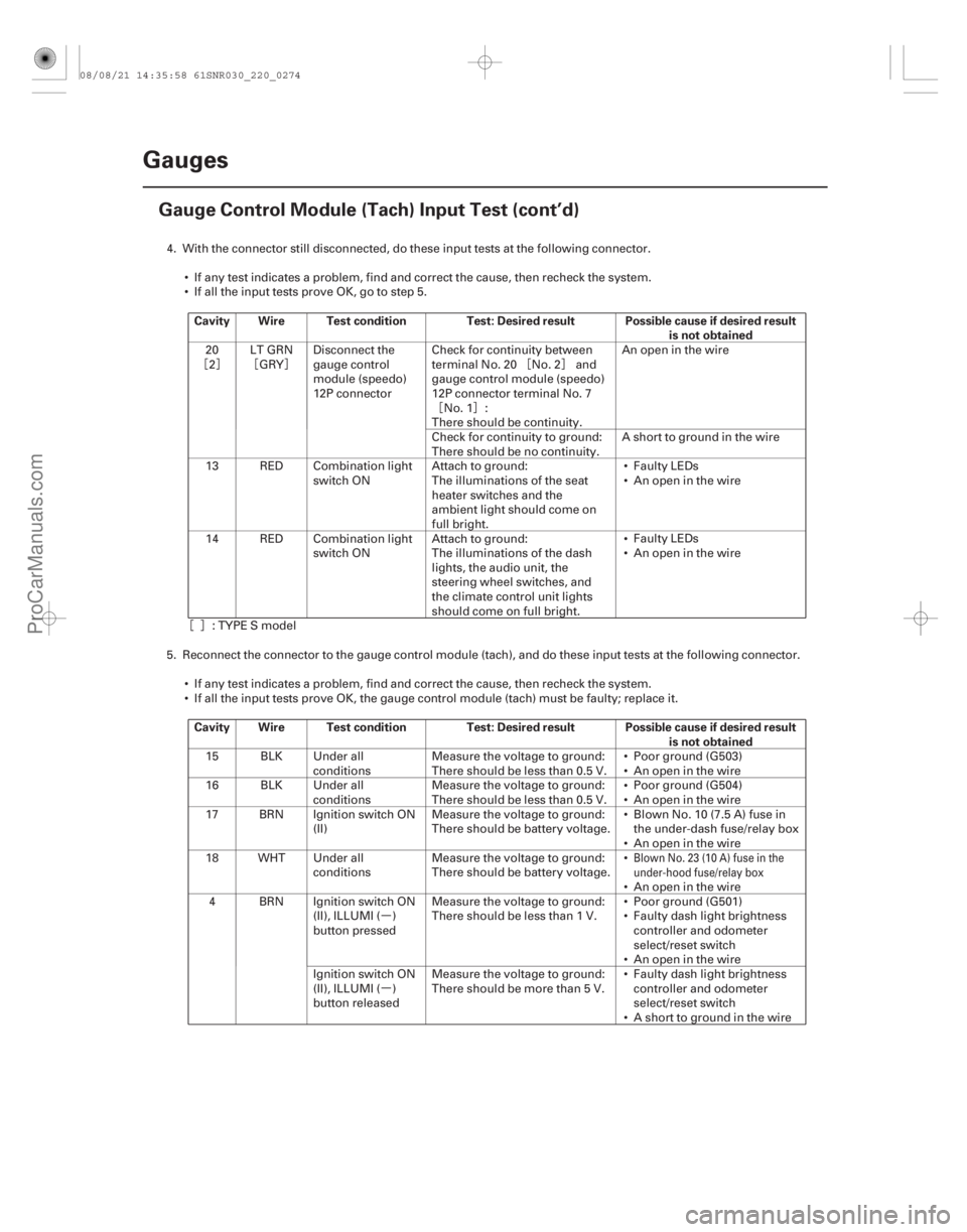 ACURA CSX 2006  Service Repair Manual ¦§ ¦ §¦ §
¦§
¦§
µ
µ
Cavity Wire Test condition
Test: Desired result Possible cause if desired result
is not obtained
Cavity Wire Test condition Test: Desired result Possible ca