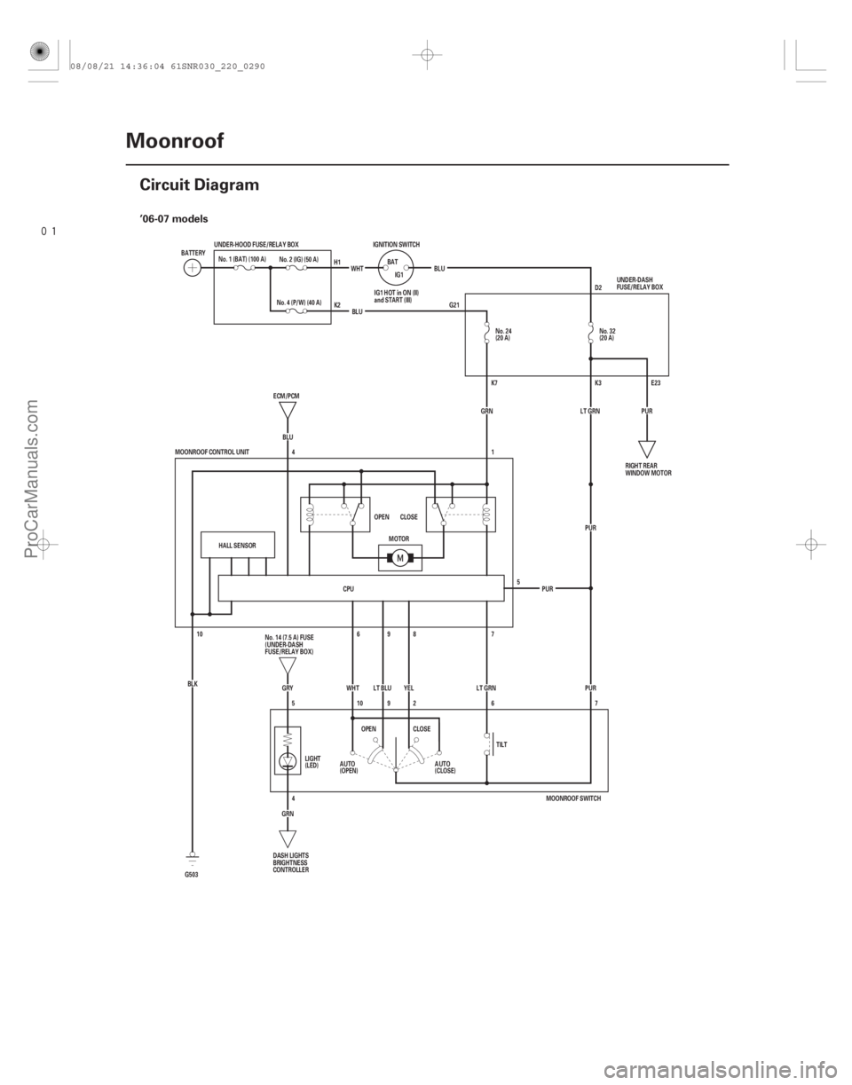 ACURA CSX 2006  Service Repair Manual 
(#) ’06-07 models
22-288Moonroof
Circuit Diagram
No. 24
(20 A)
IGNITION SWITCH
BATIG1
WHT
BLU
No. 2 (IG) (50 A)
BATTERY
No. 1 (BAT) (100 A)
(20 A)
