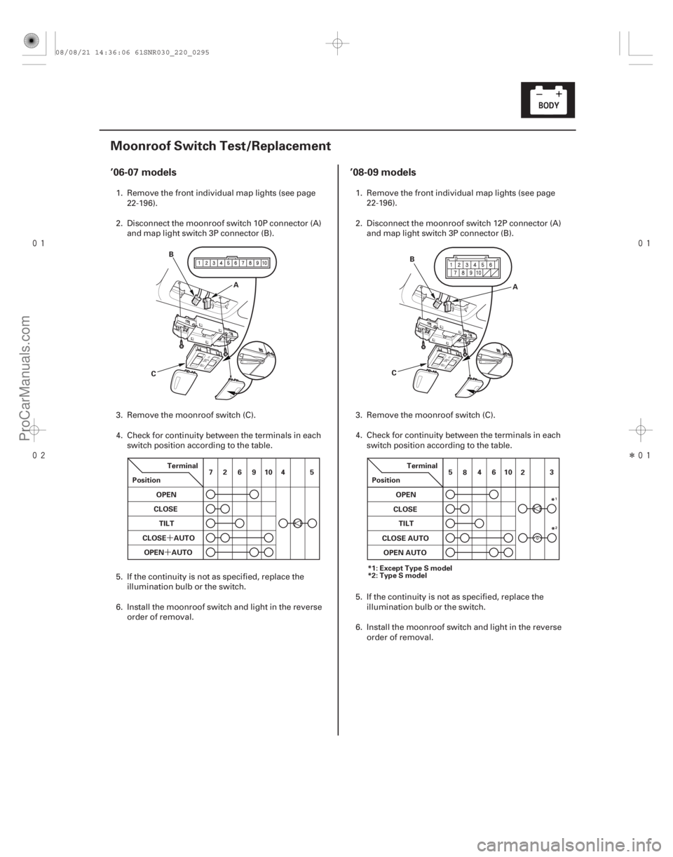 ACURA CSX 2006  Service Repair Manual 
(#

)
 
Î
(#

)
´
´
’06-07 models ’08-09 models
22-29322-293
Moonroof Switch Test/Re