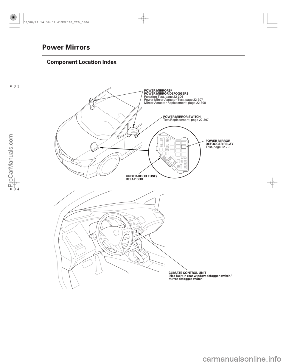 ACURA CSX 2006  Service Repair Manual Î
Î(#
)
22-304Power Mirrors
Component Location Index
POWER MIRRORS/
POWER MIRROR DEFOGGERS
POWERMIRRORSWITCH
POWER MIRROR
DEFOGGER RELAY
UNDER