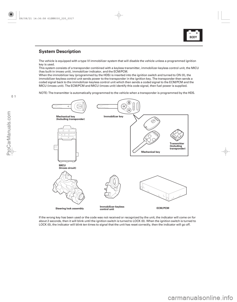 ACURA CSX 2006  Service Repair Manual 
(#)
22-315
System Description
Mechanical key
(Including transponder) Immobilizer key
MICU
(Imoes circuit) Mechanical key
Steering lock assembly Immob