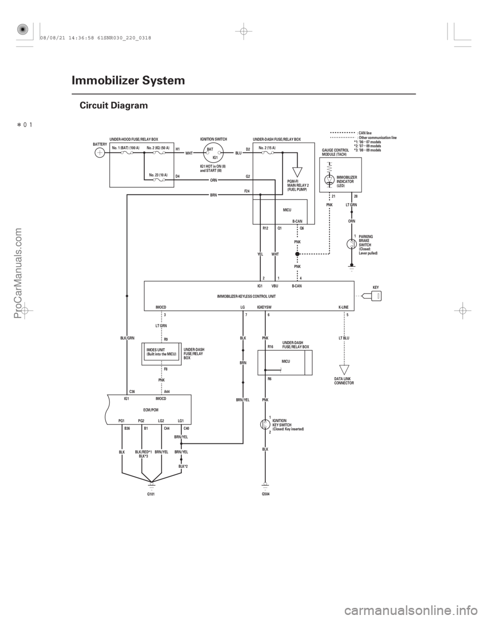 ACURA CSX 2006  Service Repair Manual Î
(#)
µ
µ
µ
22-316Immobilizer System
Circuit Diagram
LT GRN
PNK R9
F8 LT GRN
28
21
PNK
F24 G2D2
Q1
R12
PNK R6 R16 PNK
BRN/YEL C40
BRN/YEL LG1
