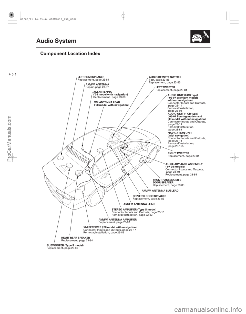 ACURA CSX 2006  Service Owners Manual Î
(# 
)
23-3
Audio System
Component Location Index
RIGHT TWEETER
AUDIO UNIT (6 CD type)
(’06-07 premium models
without navigation)
LEFT TWEETER
AUDI