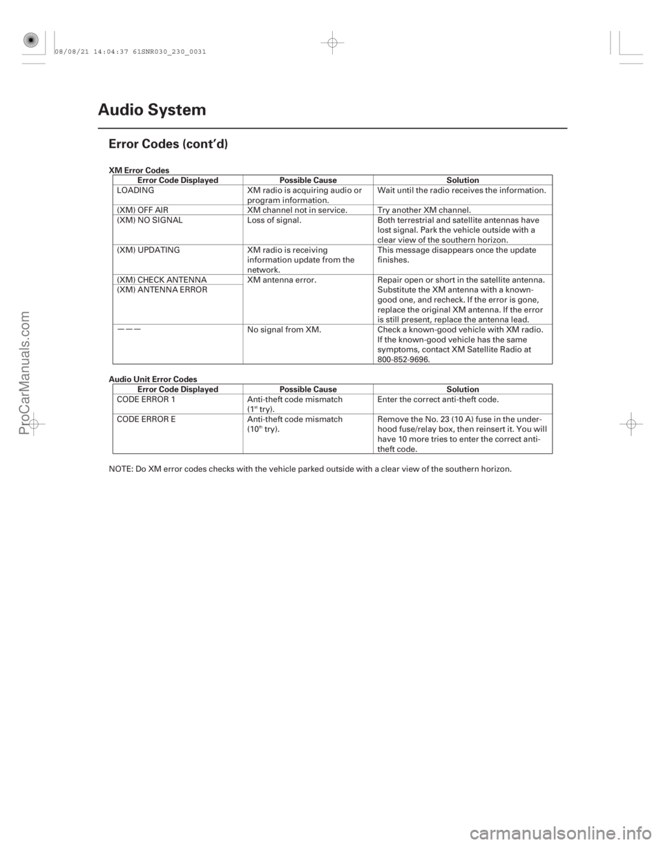 ACURA CSX 2006  Service Repair Manual µµµ
XM Error Codes
Error Code Displayed Possible Cause Solution
Audio Unit Error Codes Error Code Displayed Possible Cause Solution
23-28Audio System
Error Codes (cont’d)
LOADING
XM radio is a