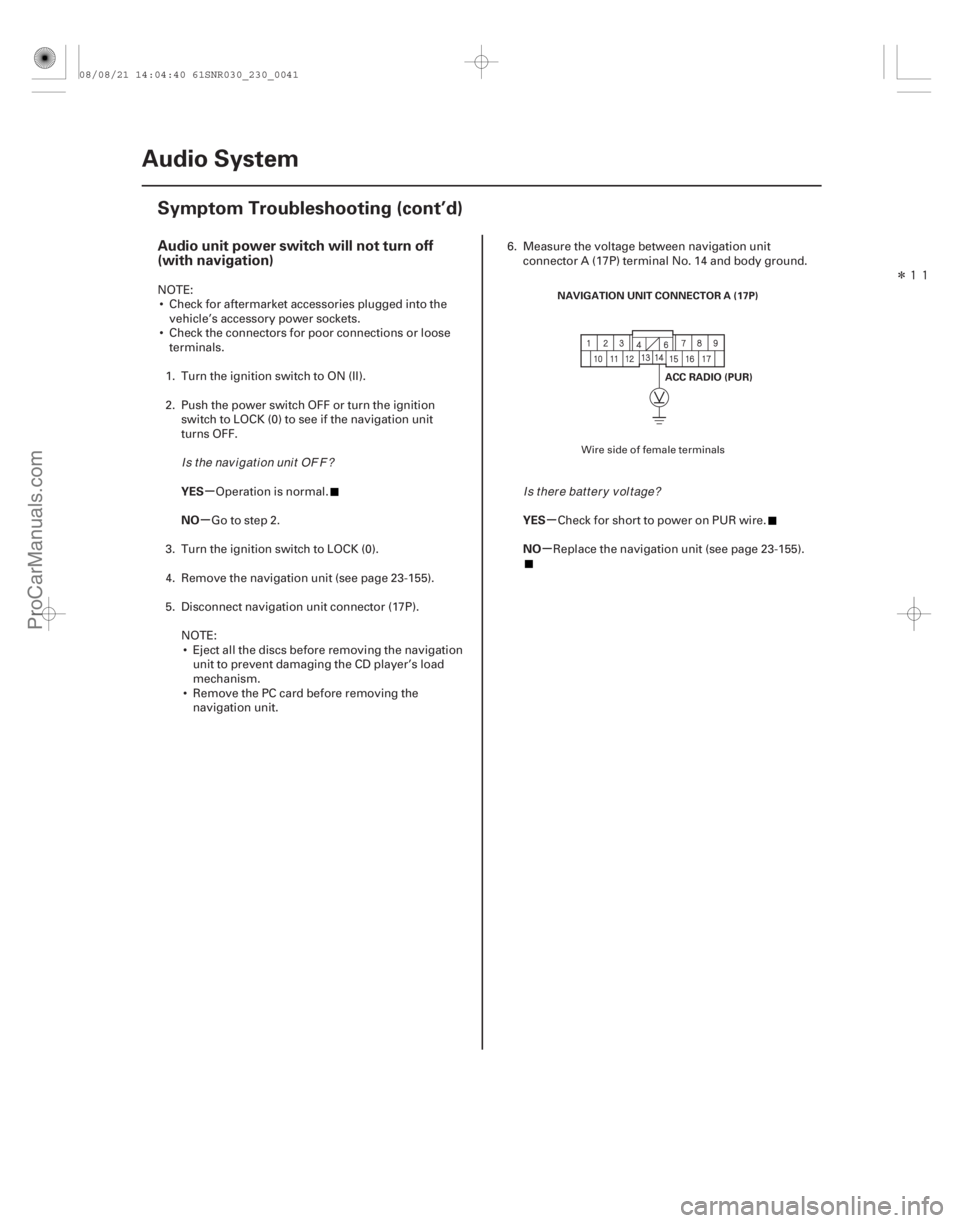 ACURA CSX 2006  Service Service Manual Î

(##
)
µ
µµ µ
Audio unit power switch will not turn off
(with navigation)
YES
NO YESNO
23-38Audio System
Symptom Troubleshooting (cont’d)
