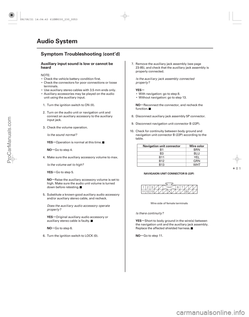 ACURA CSX 2006  Service Workshop Manual Î
(# 
)

µ
µ
µ
µ
µ
µ µ
µ
µ
µ
Auxiliary input sound is low or cannot be
heard
YES
NO
YES
NO
YES
NO YES
NO
Navigation unit connector