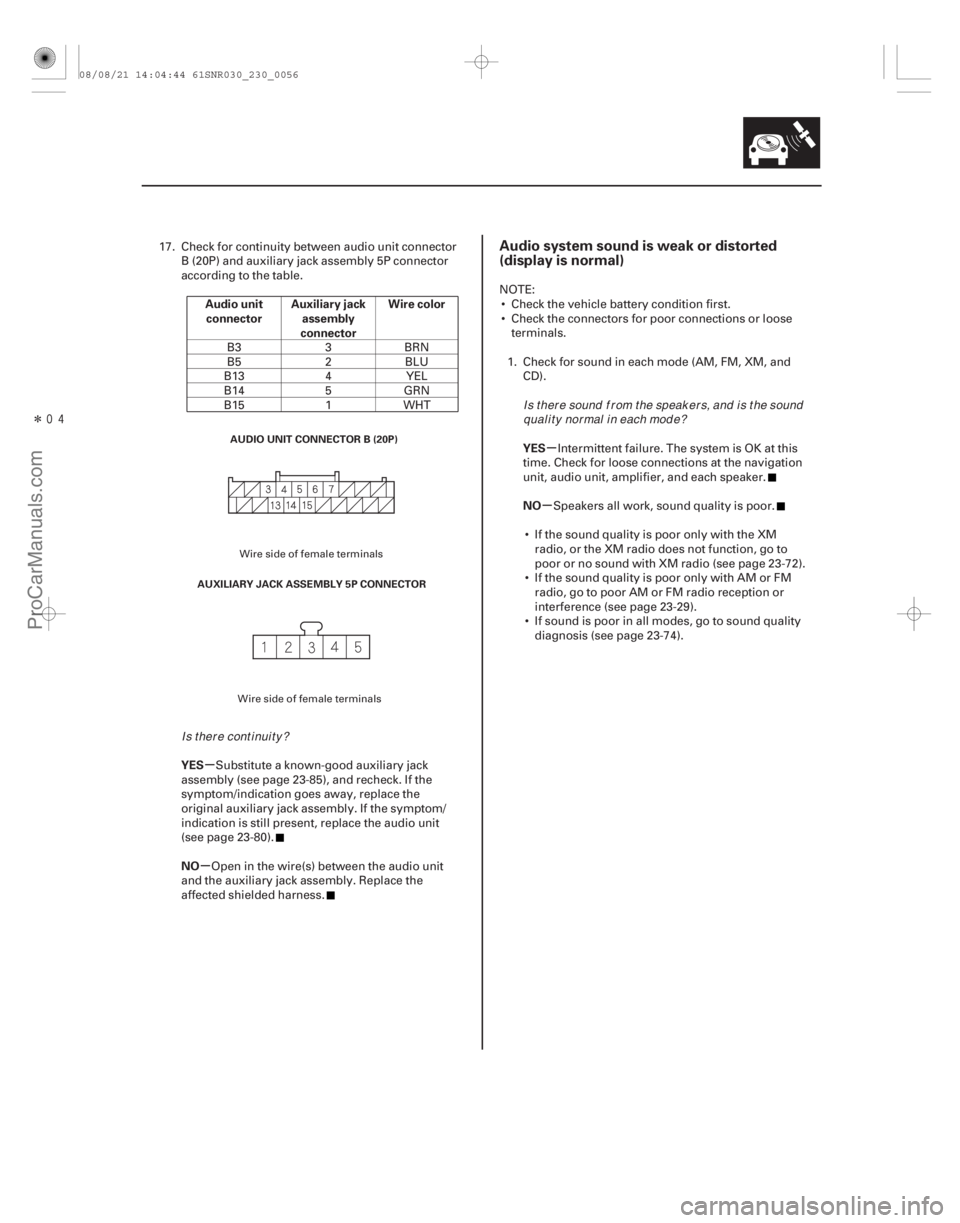 ACURA CSX 2006  Service Workshop Manual Î
(# 
)

µ
µ µ
µ
Audio unit
connector Auxiliary jack
assembly
connector Wire color
YES
NO YES
NO
Audio system sound is weak or distorted
(disp