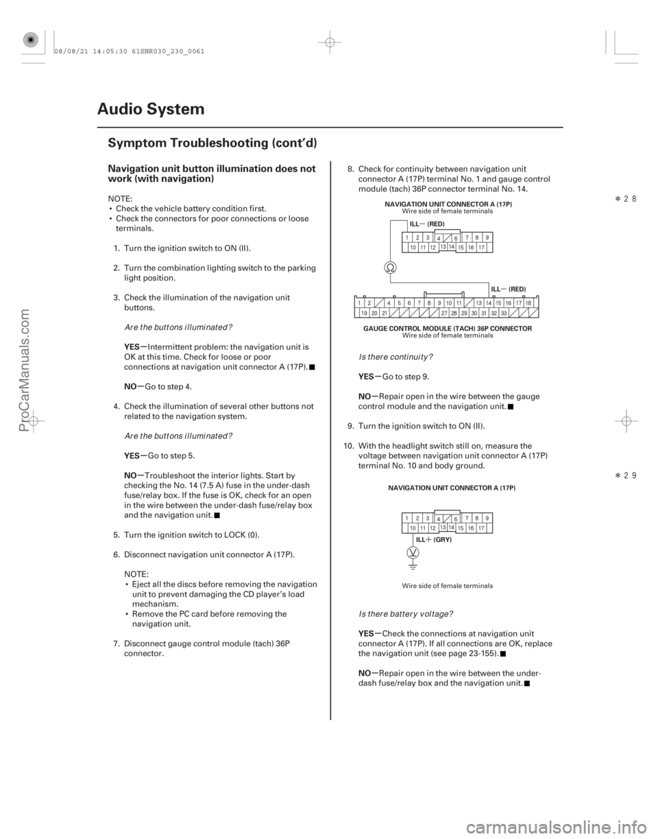 ACURA CSX 2006  Service Repair Manual Î
Î
(##
)

µ µ
´
µ
µ
µ
µ µ
µ
µ
µ
Navigation unit button illumination does not
work (with navigation)
YES
NO
YES
NO YES
NO

