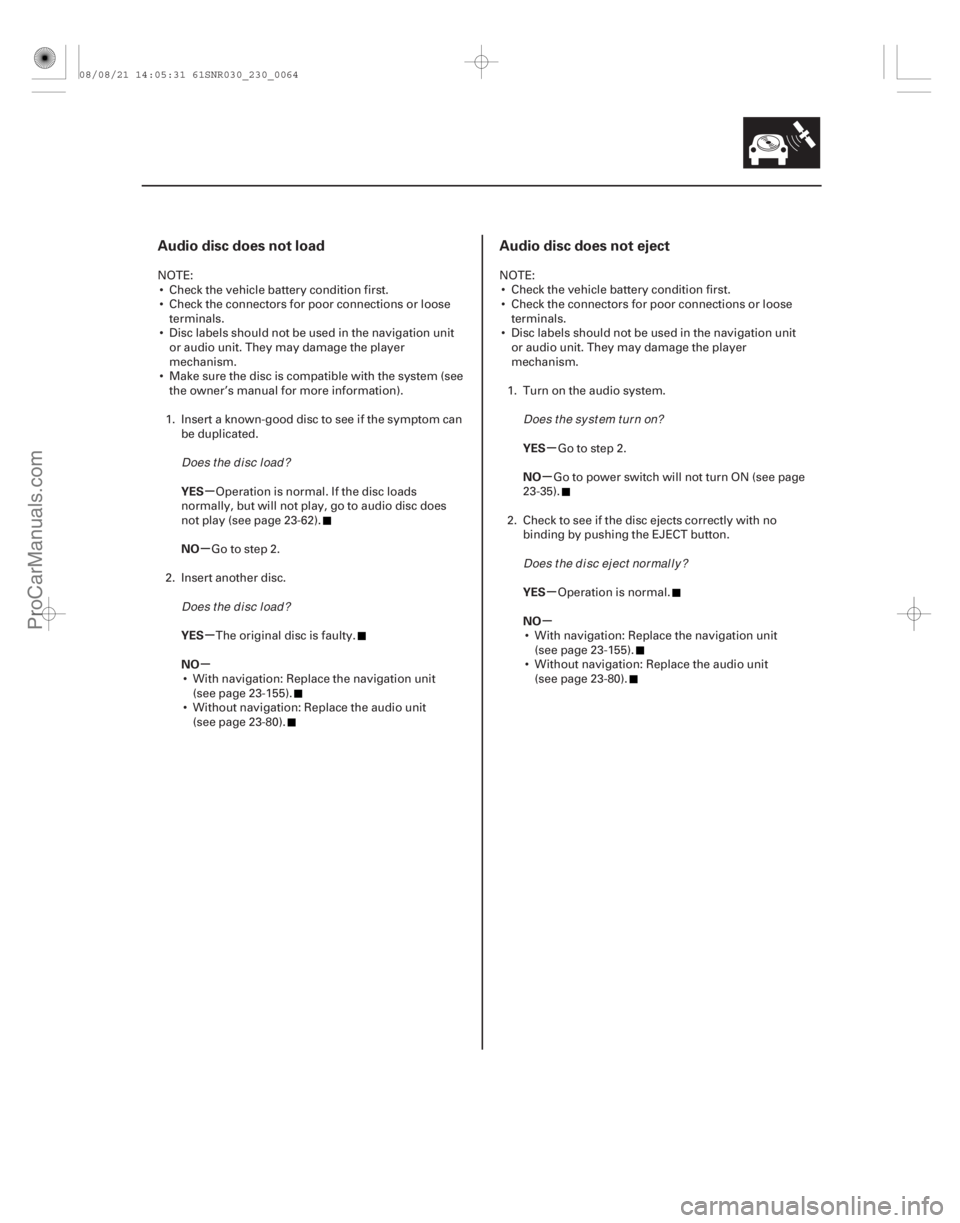 ACURA CSX 2006  Service Manual PDF (# 
)
(# 
)
µ
µ
µ
µ µ
µ
µ
µ
Audio disc does not load Audio disc does not eject
YES
NO
YES
NO YE