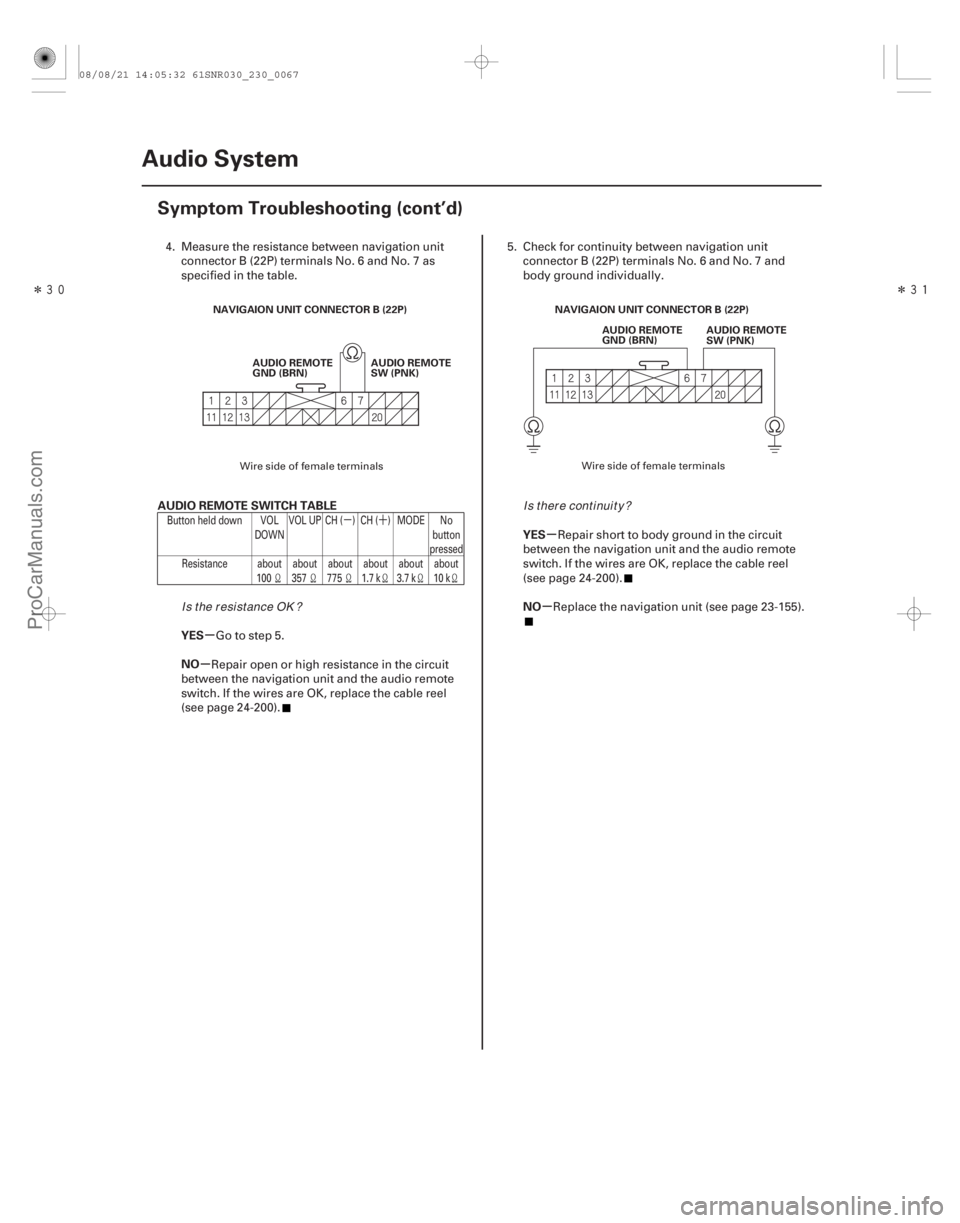 ACURA CSX 2006  Service Manual PDF µ´
ÎÎ
µ
µ µ
µ
AUDIO REMOTE SWITCH TABLE
YES
NO YES
NO
23-64Audio System
Symptom Troubleshooting (cont’d)
NAVIGAION UNIT CONNECTOR B (22P)
AUDIO REMOTE
GND (BRN) AUDIO REMOTE
