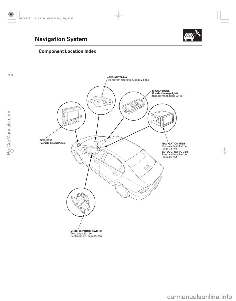 ACURA CSX 2006  Service Manual Online Î
(##
)
23-89
Navigation System
Component Location Index
GPS ANTENNA
MICROPHONE
(Inside the map light)
NAVIGATION UNIT
ECM/PCM
(Vehicle Speed Pulse)
V