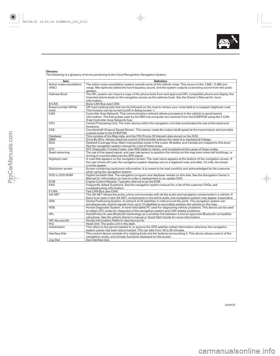 ACURA CSX 2006  Service Repair Manual µ
Glossary
Item Definition
23-109
The following is a glossary of terms pertaining to the Voice Recognition Navigation System.Active noise cancellation
(ANC) The active noise cancellation system canc