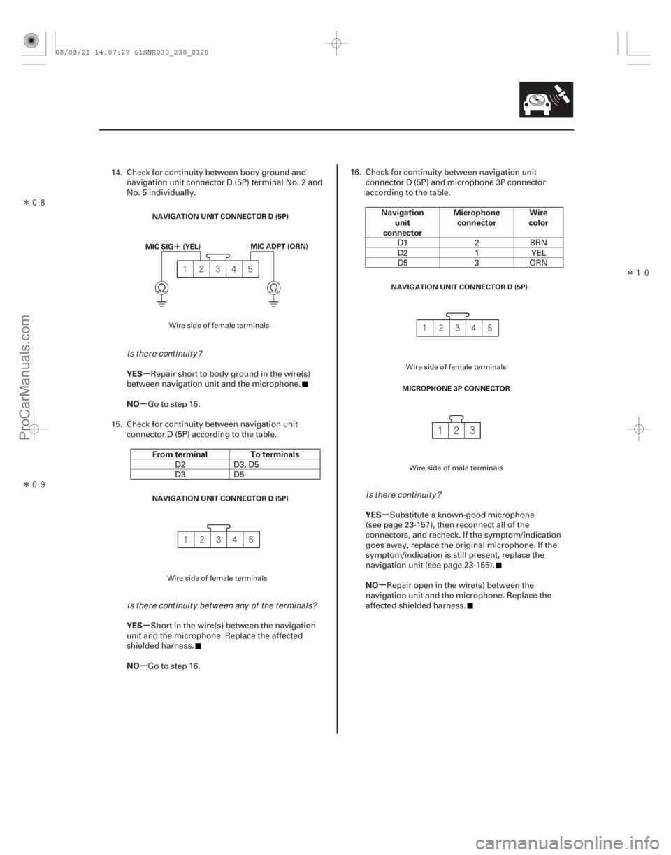 ACURA CSX 2006  Service Repair Manual Î
ÎÎ

´
µ
µ
µ
µ µ
µ
YES
NO
From terminal To terminals
YES
NO Navigation
unit
connector Microphone
connector Wire
color
YES
NO
23-125
NAVIGATION UNIT CONNECTOR D (5P) MIC