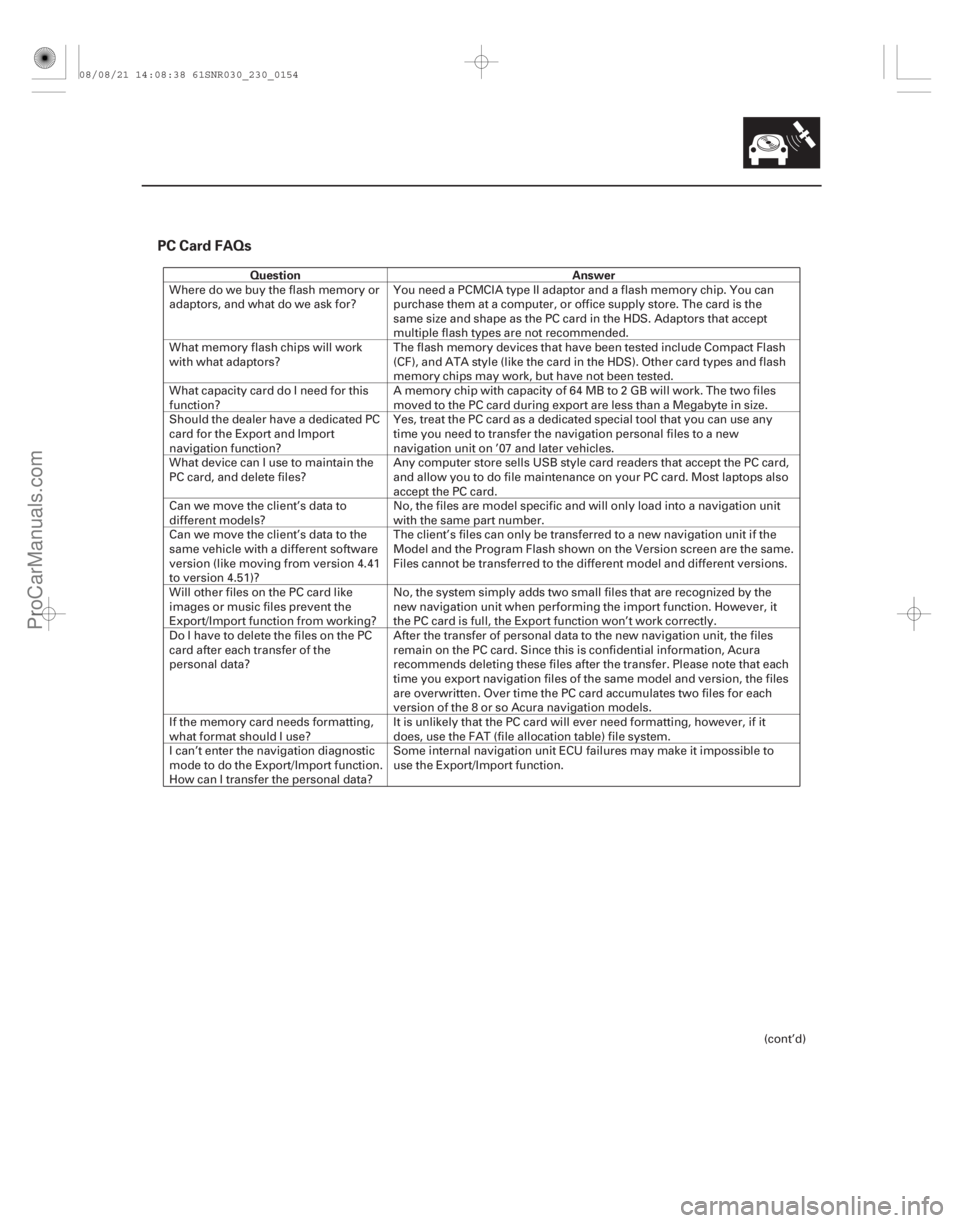ACURA CSX 2006  Service Repair Manual PC Card FAQs
QuestionAnswer
23-151
Wheredowebuytheflashmemoryor
adaptors, and what do we ask for?You need a PCMCIA type II adaptor and a flash memory chip. You can
purchase them at a computer, or offi