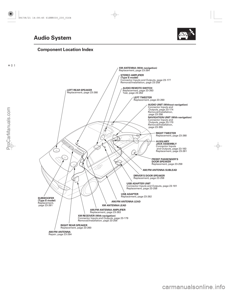 ACURA CSX 2006  Service Repair Manual Î
(#
)
23-161
Audio System
Component Location Index
RIGHT TWEETER
AUXILIARY
JACK ASSEMBLY
AUDIO UNIT (Without navigation)
LEFT TWEETER
AUDIO REMOTE S