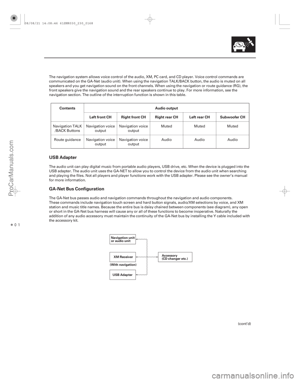 ACURA CSX 2006  Service Repair Manual Î
Contents Audio output
Left front CH Right front CH Right rear CH Left rear CH Subwoofer CH
USB Adapter
GA-Net Bus Configuration
23-165
Navigation unit
or audio unit
Accessory
(CD changer etc.)
