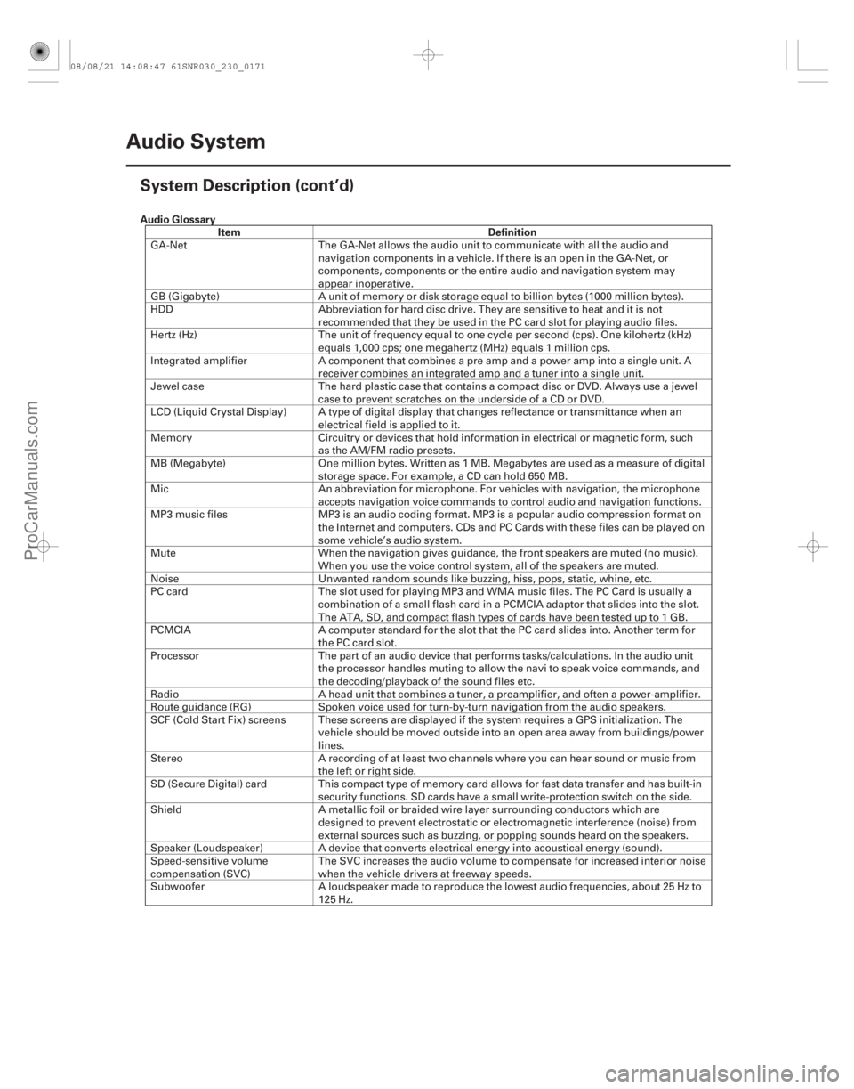 ACURA CSX 2006  Service Repair Manual Audio GlossaryItem Definition
23-168Audio System
System Description (cont’d)
GA-Net
The GA-Net allows the audio unit to communicate with all the audio and
navigation components in a vehicle. If ther