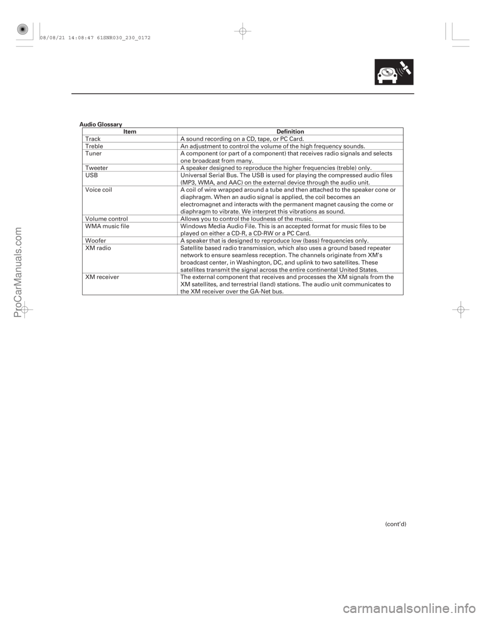 ACURA CSX 2006  Service Repair Manual Audio GlossaryItem Definition
23-169
Track A sound recording on a CD, tape, or PC Card.
Treble An adjustment to control the volume of the high frequency sounds.
Tuner A component (or part of a compone