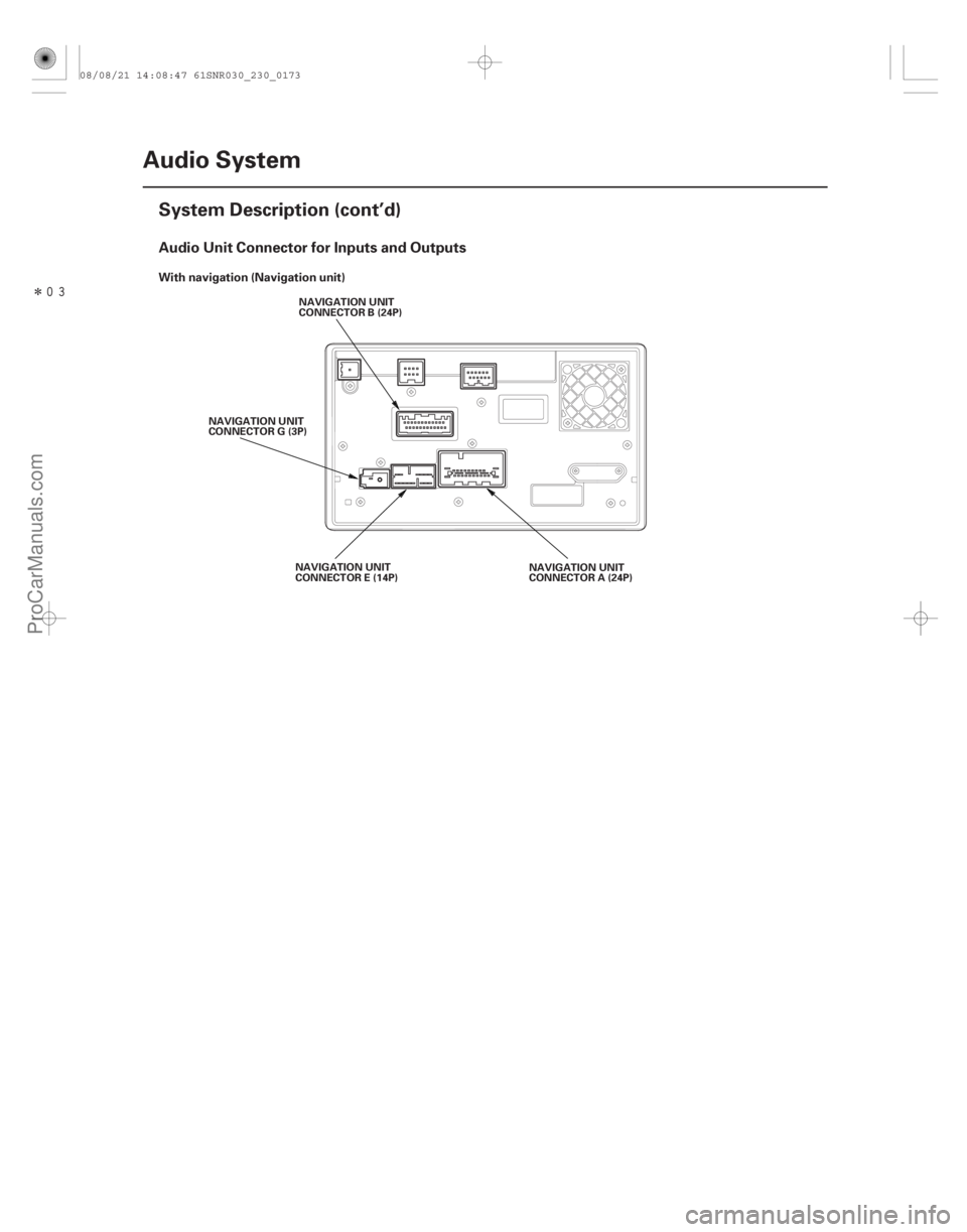 ACURA CSX 2006  Service Repair Manual Î
Audio Unit Connector for Inputs and Outputs
With navigation (Navigation unit)
23-170Audio System
System Description (cont’d)
NAVIGATION UNIT
CONNECTOR G (3P)
NAVIGATION UNIT
CONNECTOR B (24P