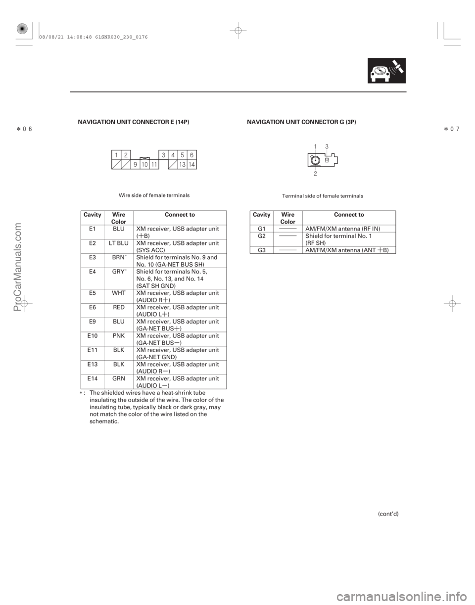ACURA CSX 2006  Service Repair Manual ´´
´ ´
µ
µ
µ
•••
•••
••• ´
Î
Î
NAVIGATION UNIT CONNECTOR E (14P)
Cavity Wire Color Connect to NAVIGATION UNIT CONNECTOR G (3P)
Cavity Wire Color 