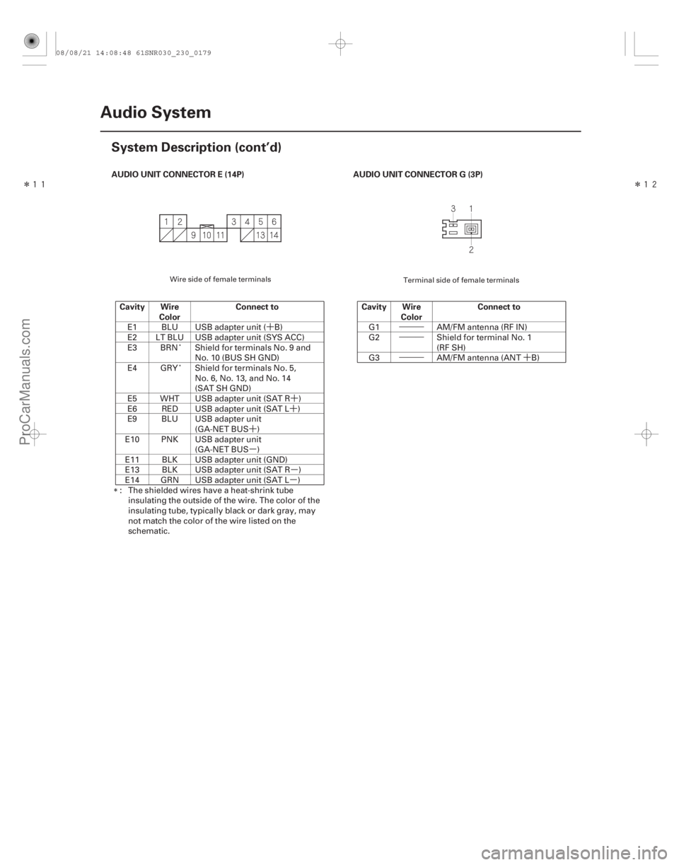 ACURA CSX 2006  Service Repair Manual ´´
´
´
µ µ
µ•••
•••
••• ´
Î

Î

AUDIO UNIT CONNECTOR E (14P)
Cavity Wire Color Connect to AUDIO UNIT CONNECTOR G (3P)
Cavity Wire Color Connect to
