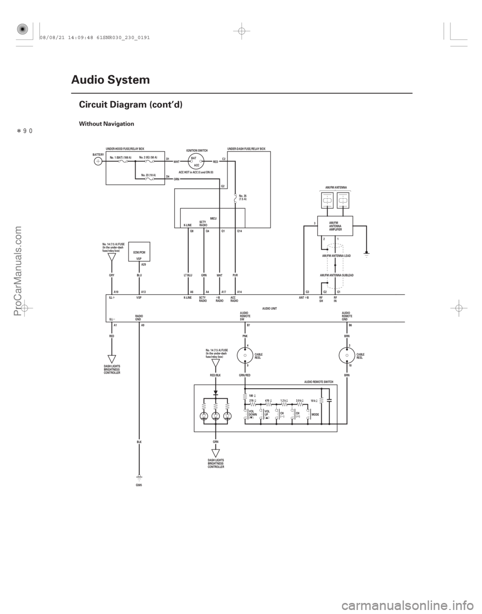 ACURA CSX 2006  Service Repair Manual Î(## 
)
µ´
µ
´
´
´
Without Navigation
23-188Audio System
Circuit Diagram (cont’d)
3
G2 21 G1
SCTY
RADIO
K-LINE UNDER-DASH FUSE/RELAY BOX