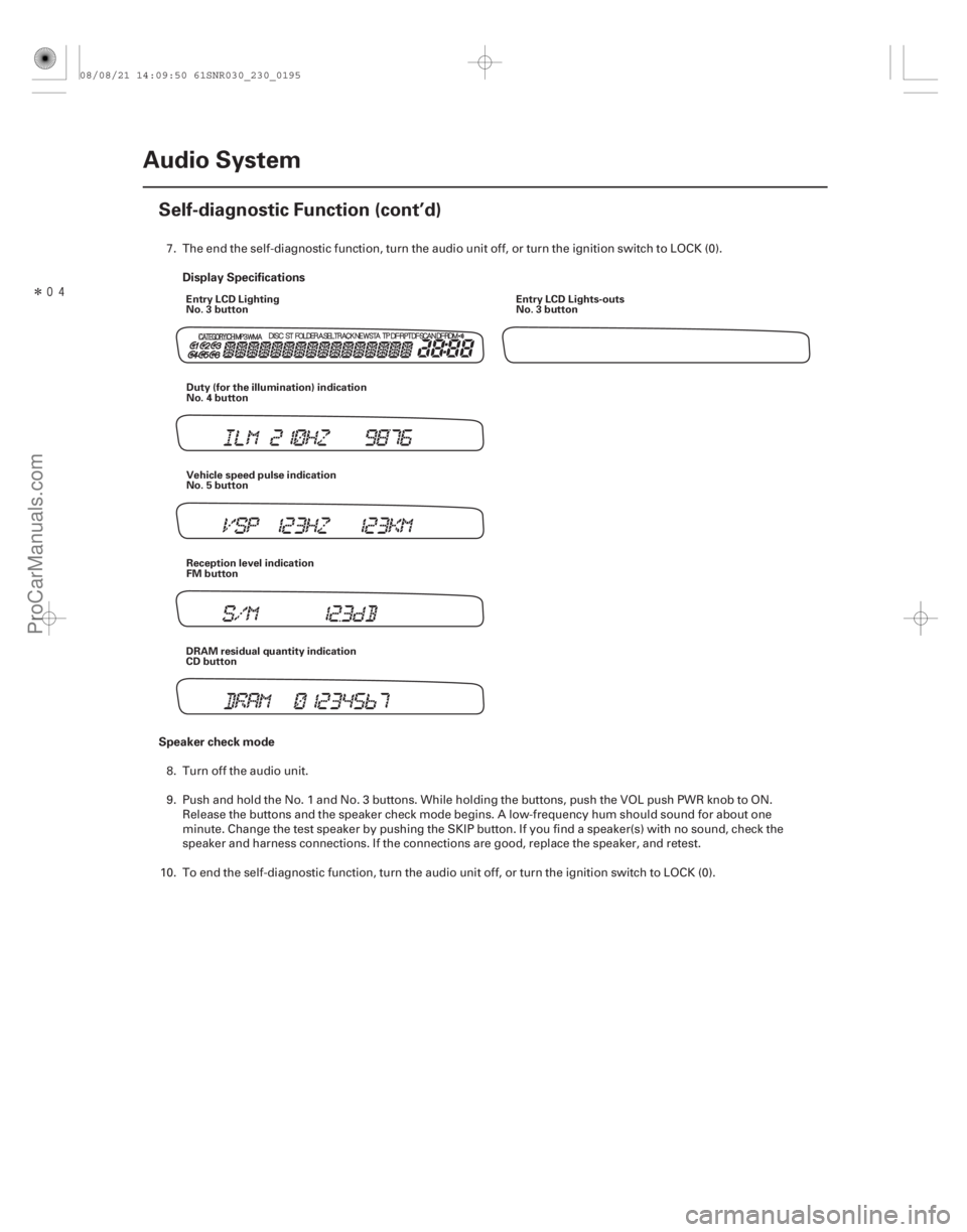ACURA CSX 2006  Service Repair Manual ÎDisplay Specifications
Speaker check mode
23-192 Audio System
Self-diagnostic Function (cont’d)
Entry LCD Lighting
No. 3 button
Entry LCD Lights-outs
No. 3 button
Duty (for the illumination) 
