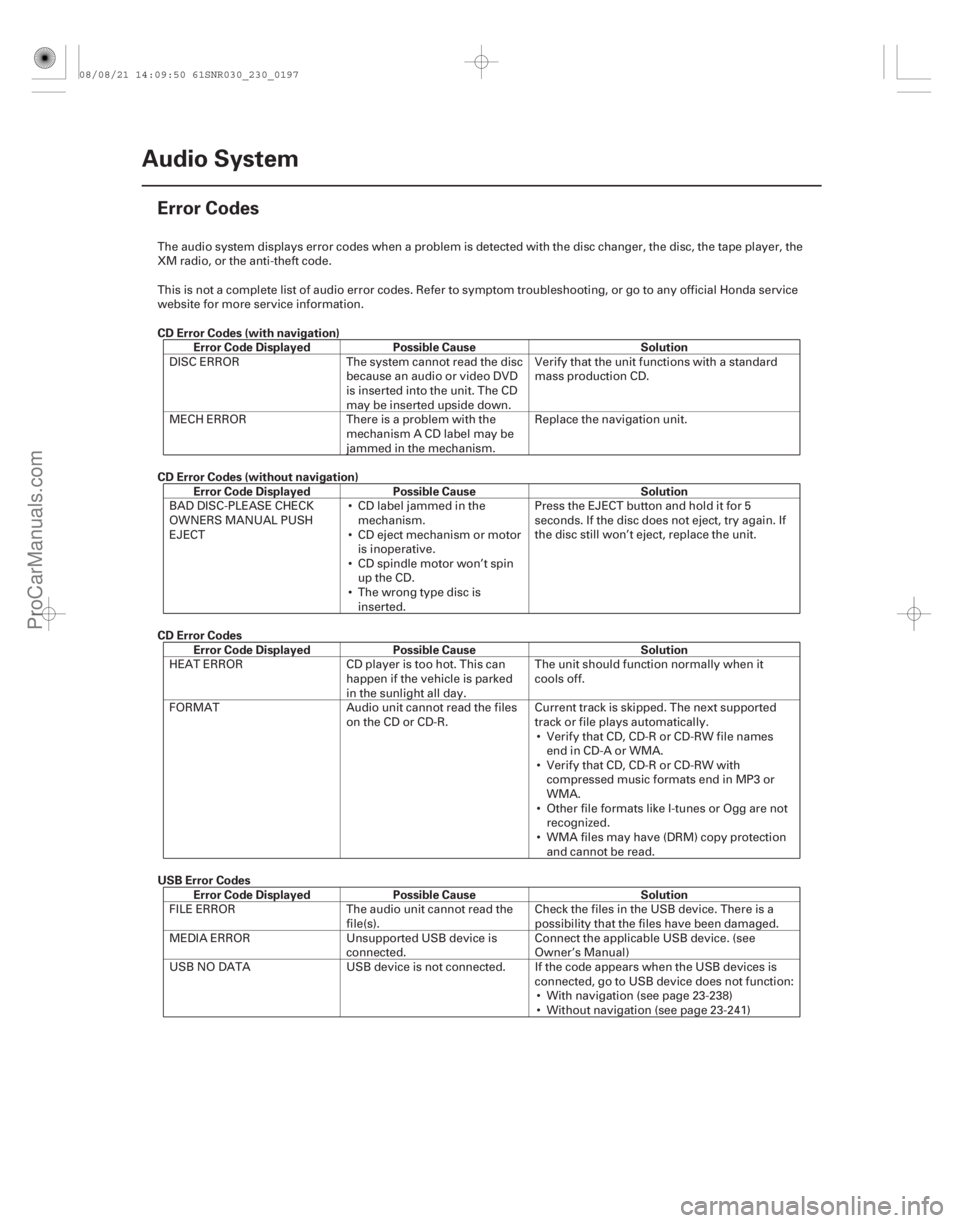 ACURA CSX 2006  Service Repair Manual (#
)

 CD Error Codes (with navigation)Error Code Displayed Possible Cause Solution
CD Error Codes (without navigation) Error Code Displayed Possible Cause 