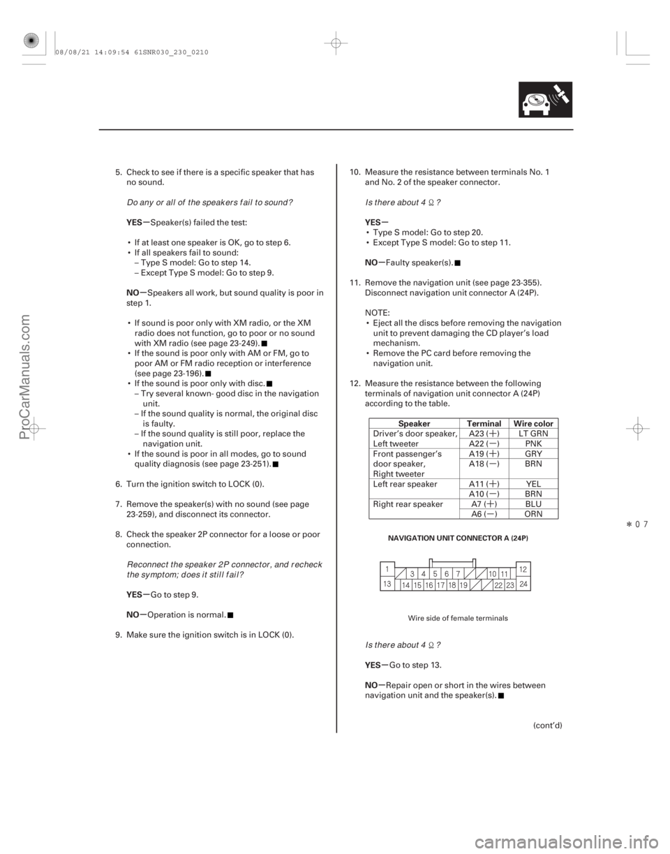 ACURA CSX 2006  Service Repair Manual ´
µ
´
µ
´
µ
´
µ
Î
µ
µ
µ
µ µ
µ
µ
µ
YES
NO
YES
NO
YES
NO
Speaker Terminal Wire color
YES
NO
23-207
NAVIGATION UNIT CONNECTOR A (24P)
5. Check to see if there is a s