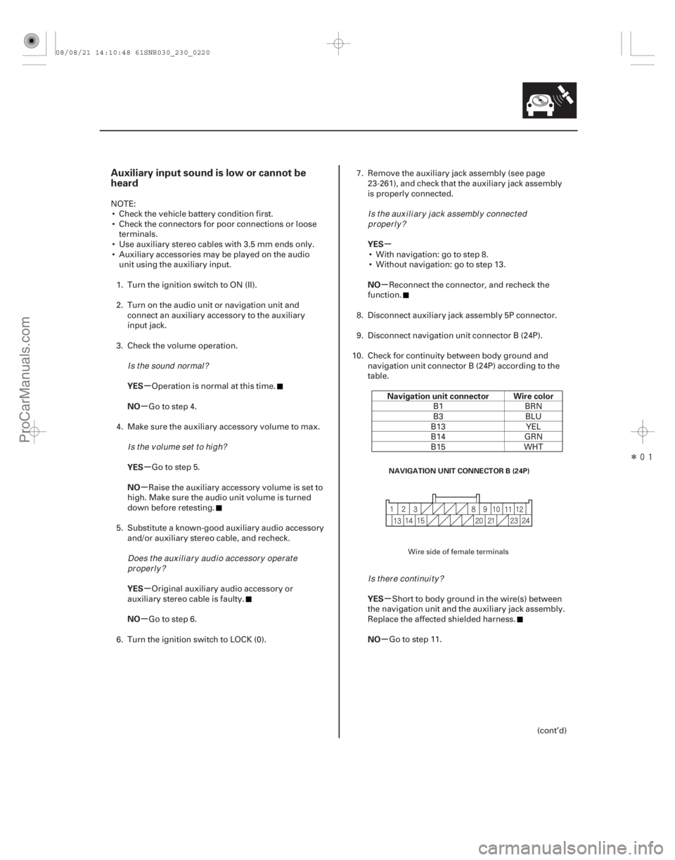 ACURA CSX 2006  Service Repair Manual Î
(#
)

µ
µ
µ
µ
µ
µ µ
µ
µ
µ
Auxiliary input sound is low or cannot be
heard
YES
NO
YES
NO
YES
NO YES
NO
Navigation unit connector
