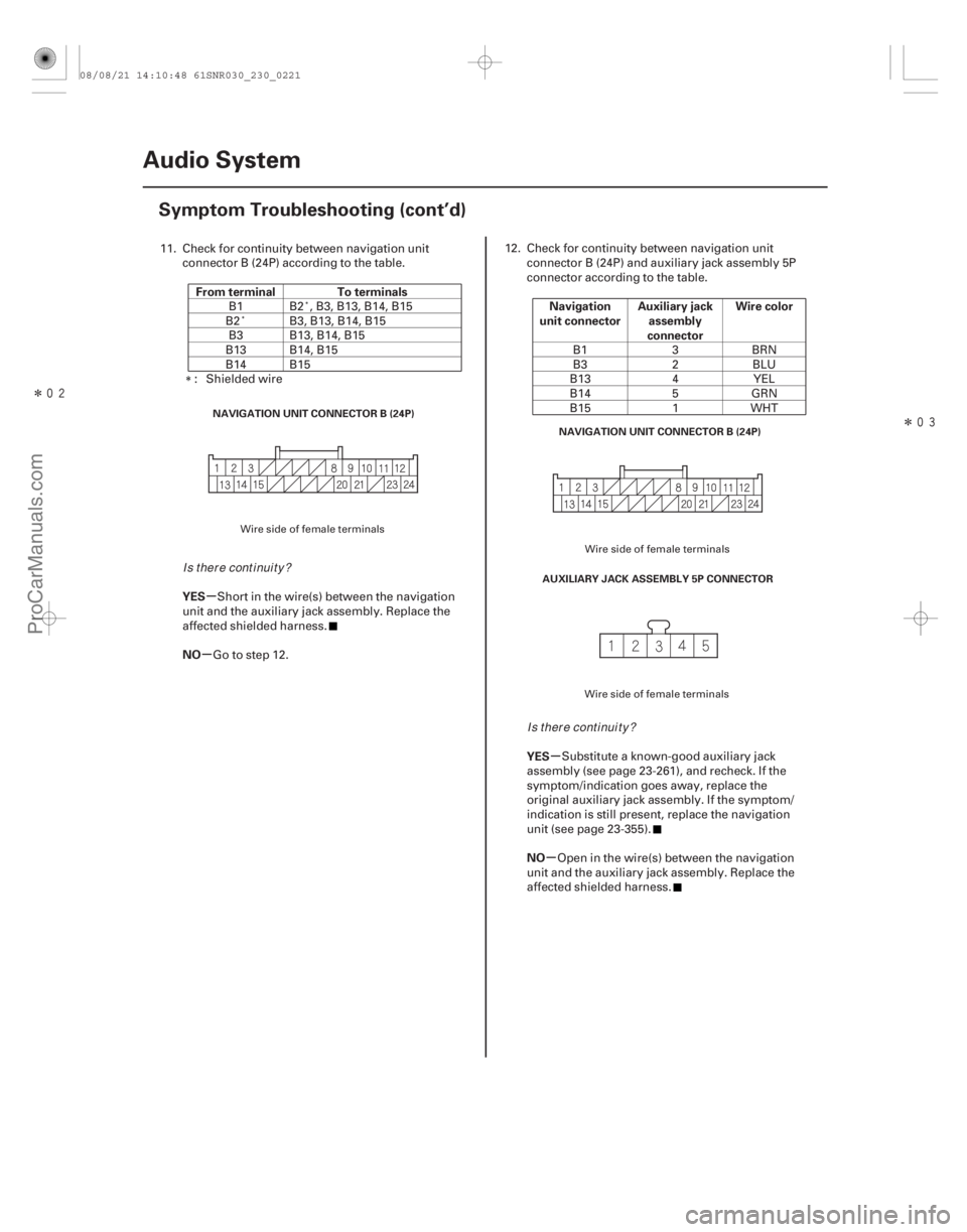 ACURA CSX 2006  Service Repair Manual ÎÎ
µ
µ
µ
µ
From terminal To terminals
YES
NO Navigation
unit connector Auxiliary jack
assembly
connector Wire color
YES
NO
23-218 Audio System
Symptom Troubleshooting (cont’d)
NA