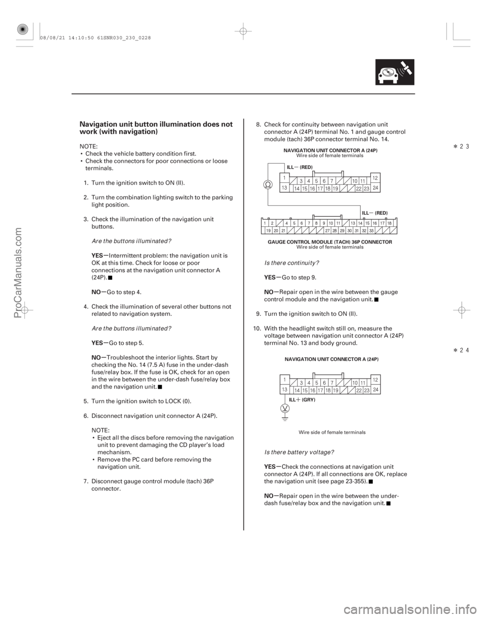 ACURA CSX 2006  Service Repair Manual Î
Î
(##
)

µ µ
´
µ
µ
µ
µ µ
µ
µ
µ
Navigation unit button illumination does not
work (with navigation)
YES
NO
YES
NO YES
NO
